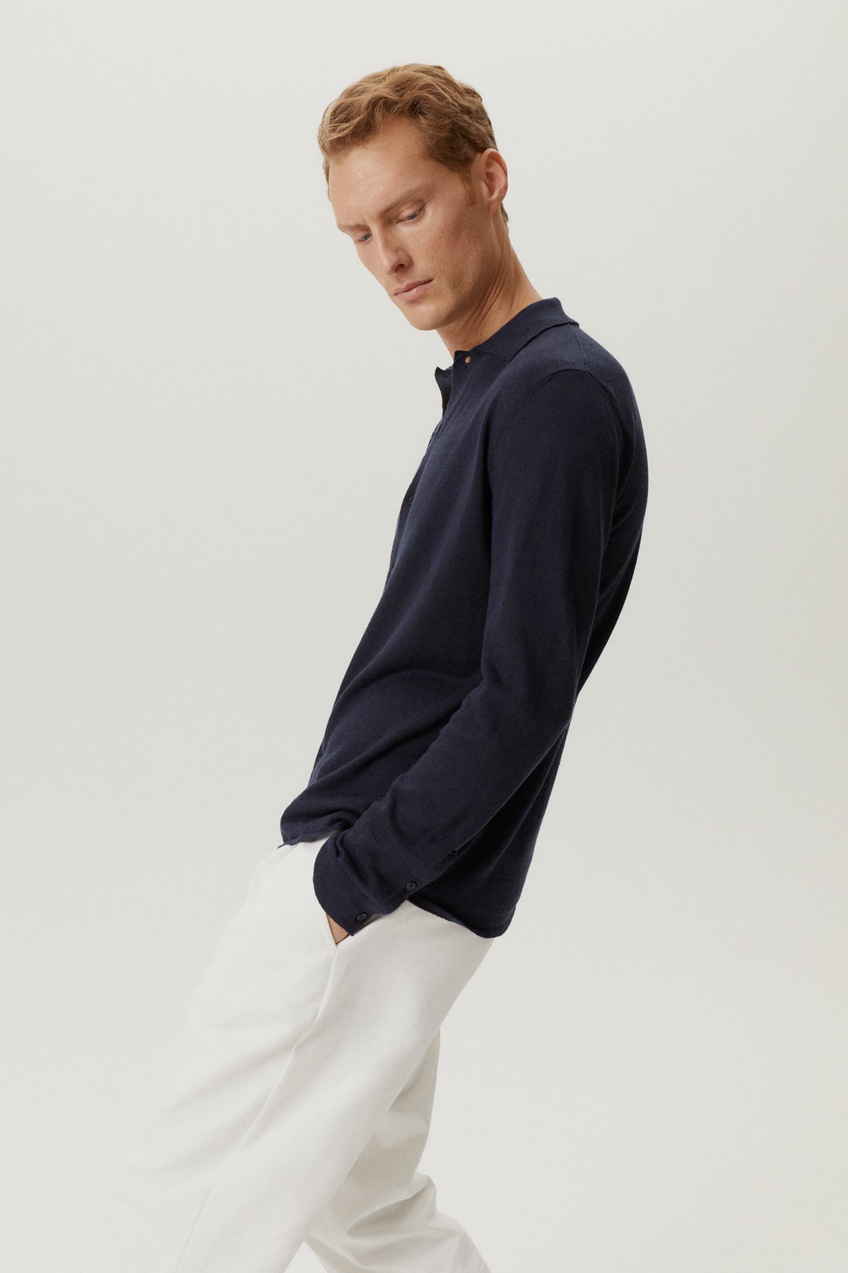 the linen cotton knit shirt blue navy