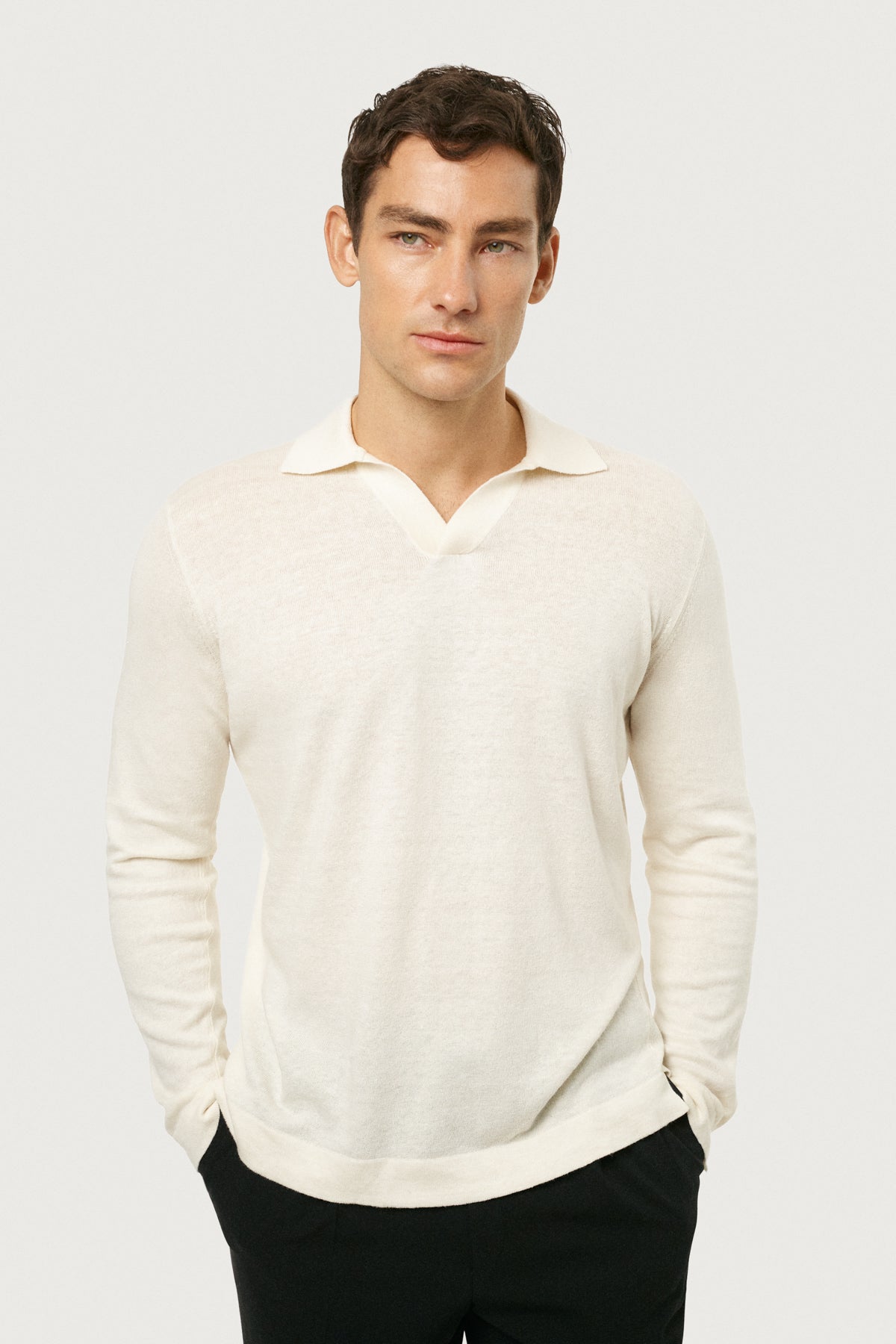 The Long-Sleeve Linen Cotton Polo Milk White
