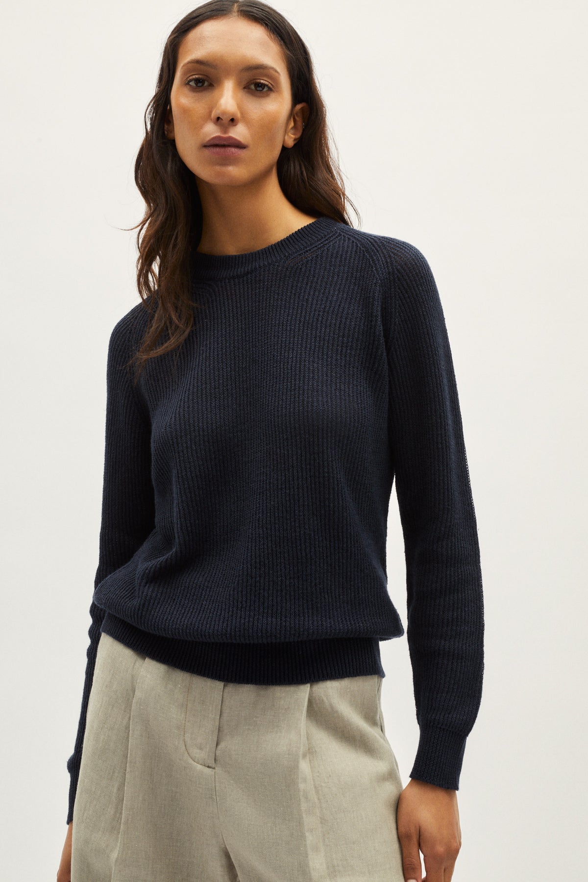 the linen cotton ribbed sweater blue navy