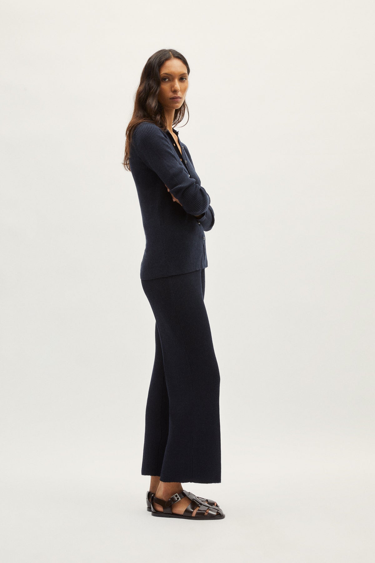 the linen cotton ribbed pants blue navy