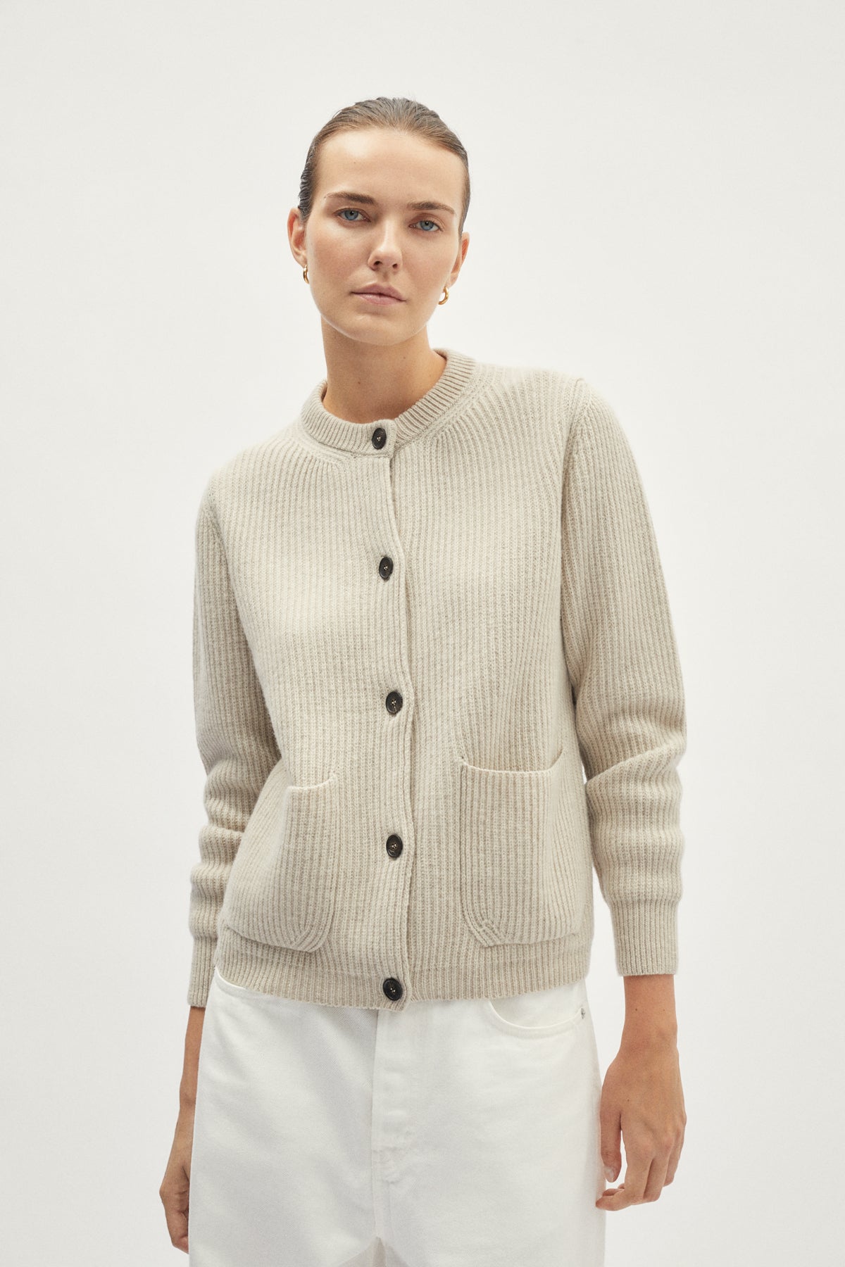 The Woolen Crewneck Ribbed Cardigan - ecru