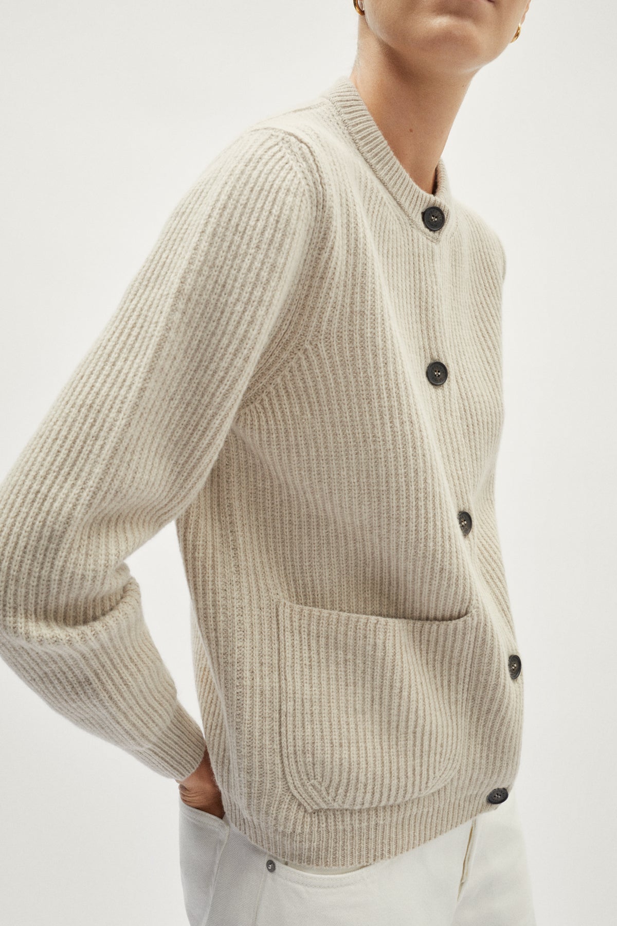 The Woolen Crewneck Ribbed Cardigan - ecru