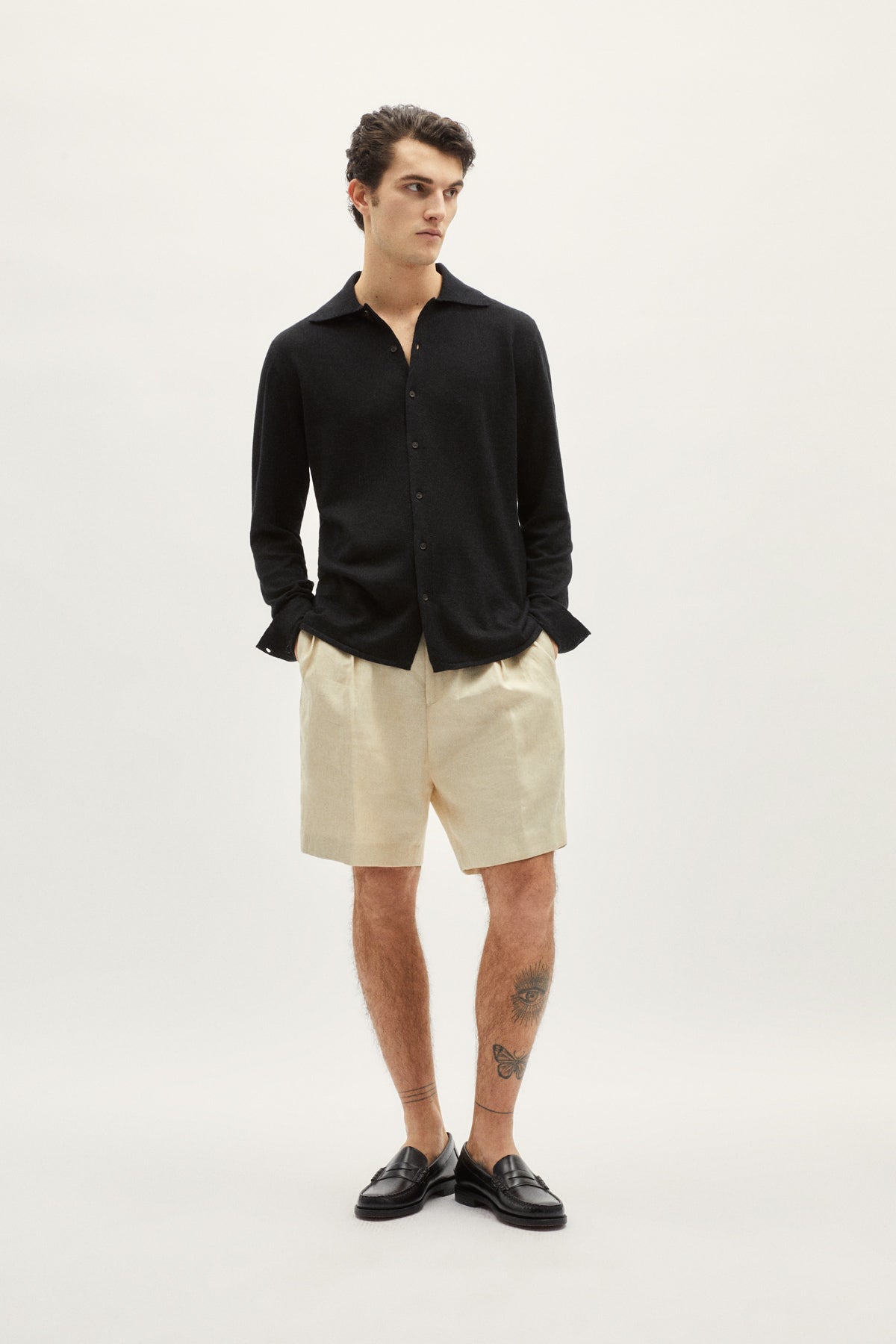 the linen cotton knit shirt black