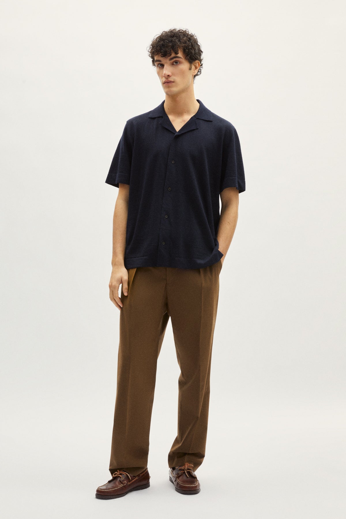 the linen cotton bowling shirt blue navy