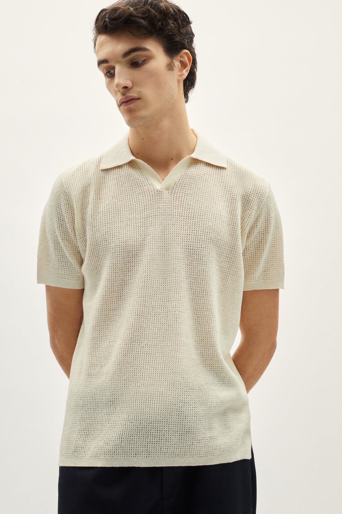 the linen cotton crochet polo milk white