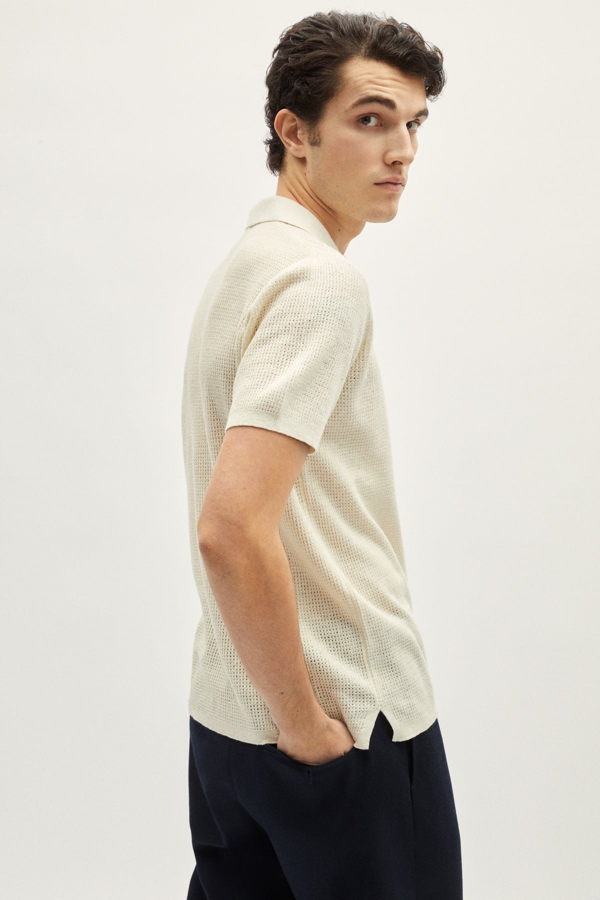 the linen cotton crochet polo milk white