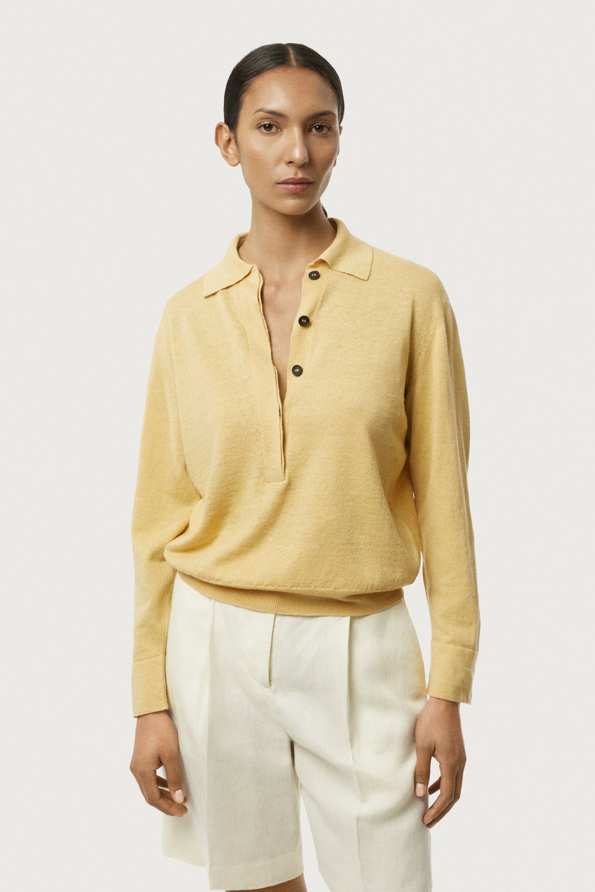 The Linen Cotton Vintage Long Sleeve Polo Saffron