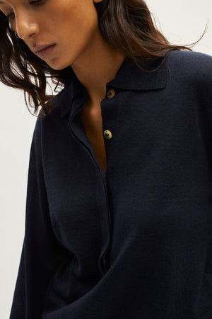 Blue Navy | The Linen Cotton Vintage long sleeve polo