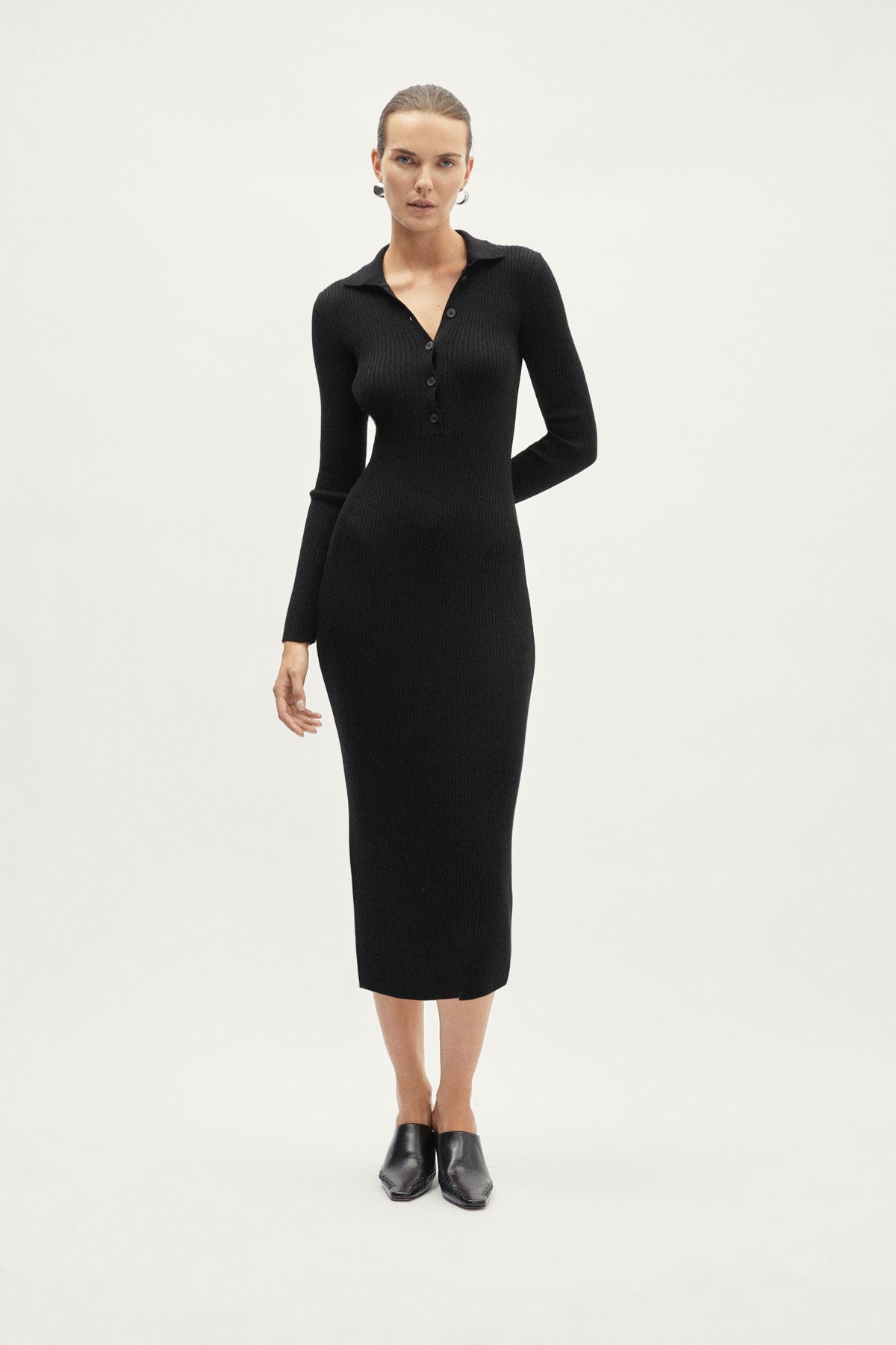 The Merino Wool Ribbed Polo Dress - black