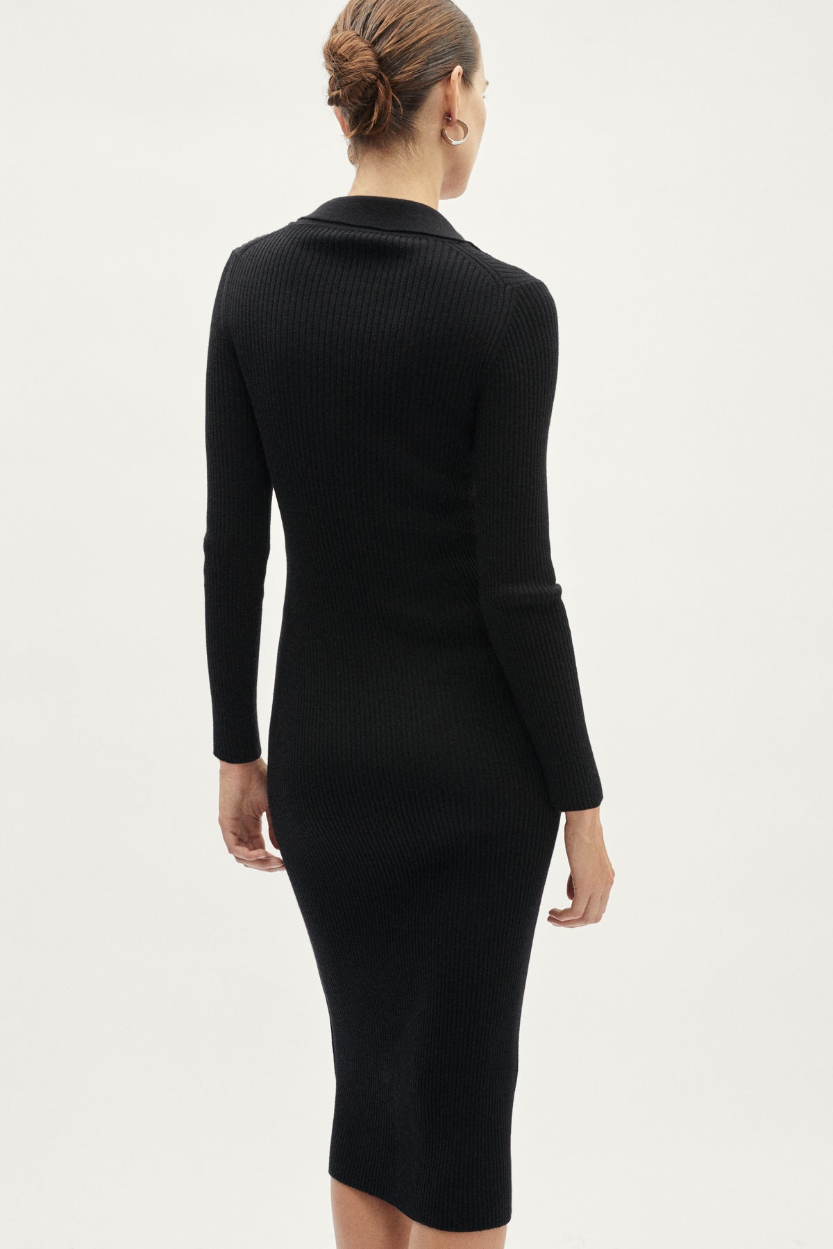 The Merino Wool Ribbed Polo Dress - black