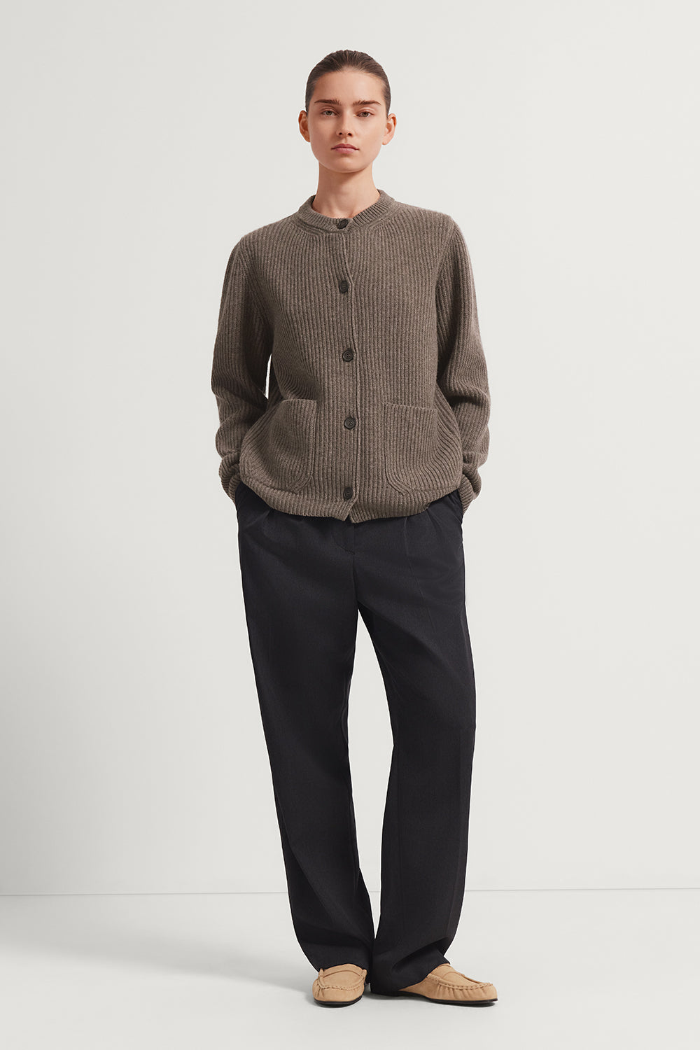 The Woolen Crewneck Ribbed Cardigan Taupe