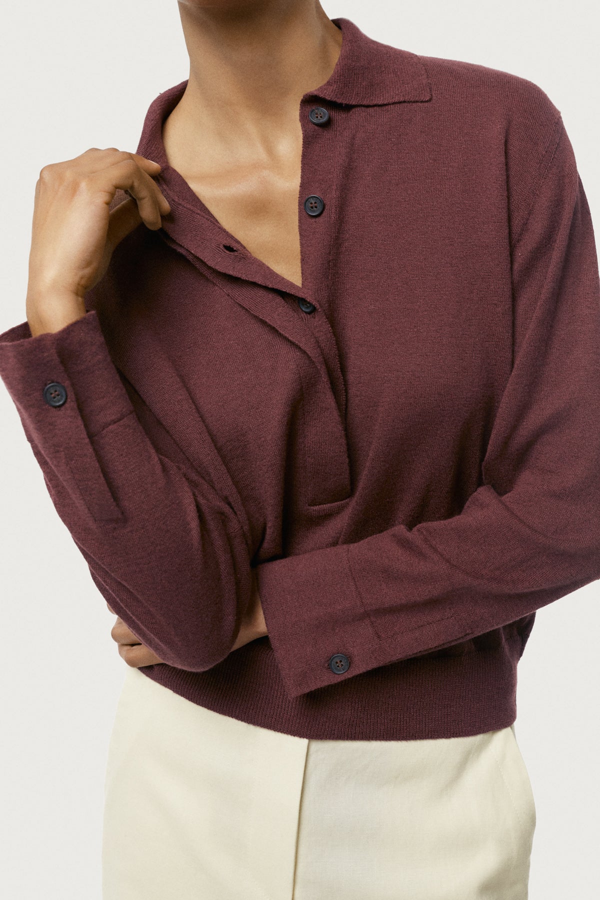 The Linen Cotton Vintage Long Sleeve Polo Mahogany