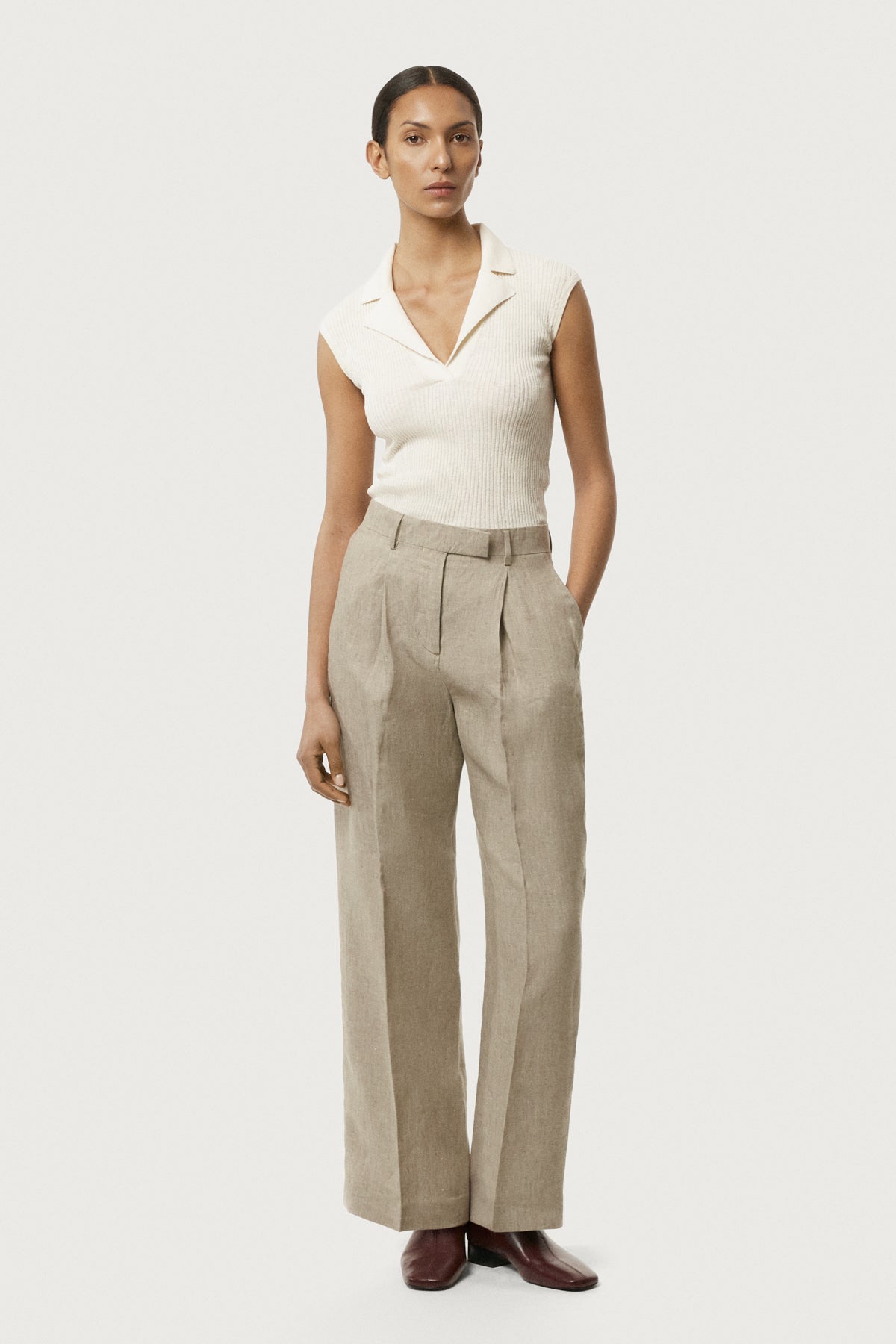 The Linen Cotton Lapel-Neck Top Milk White