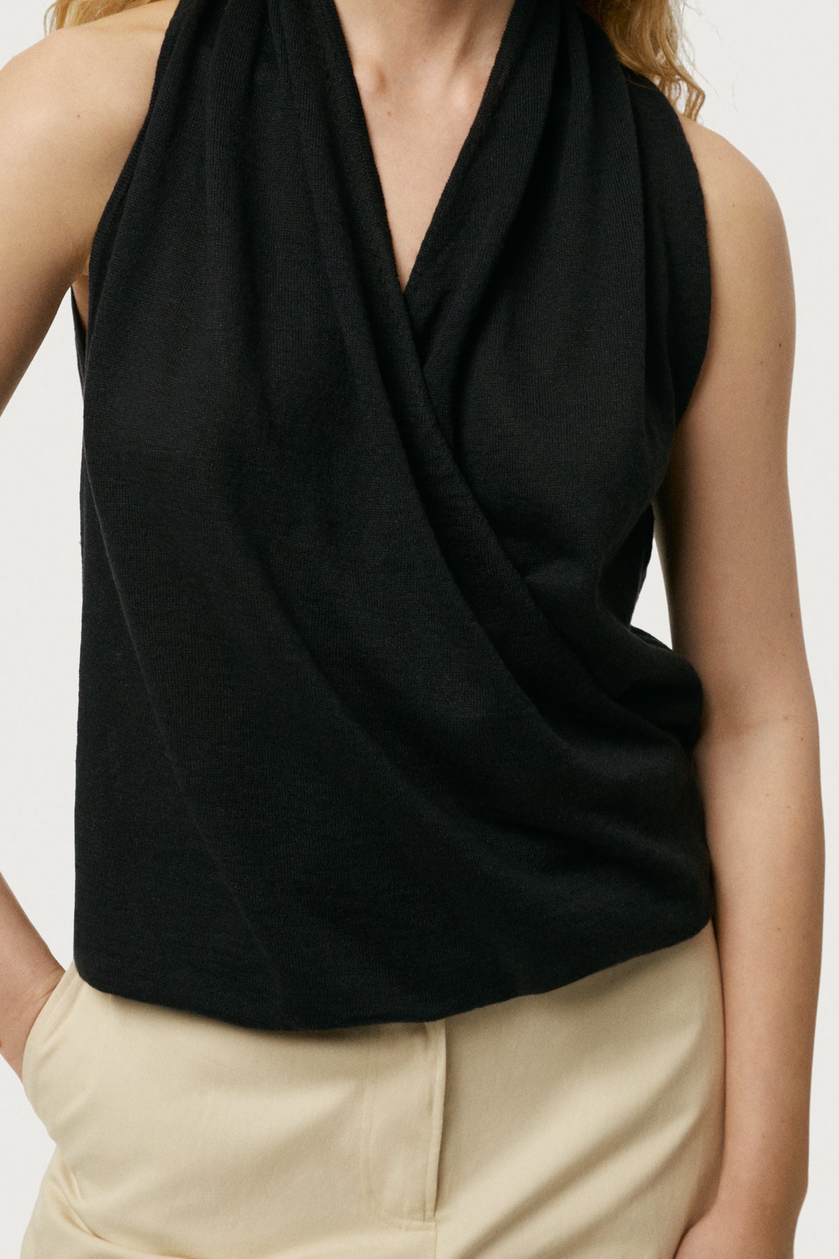 The Linen Cotton Wrap Top Black