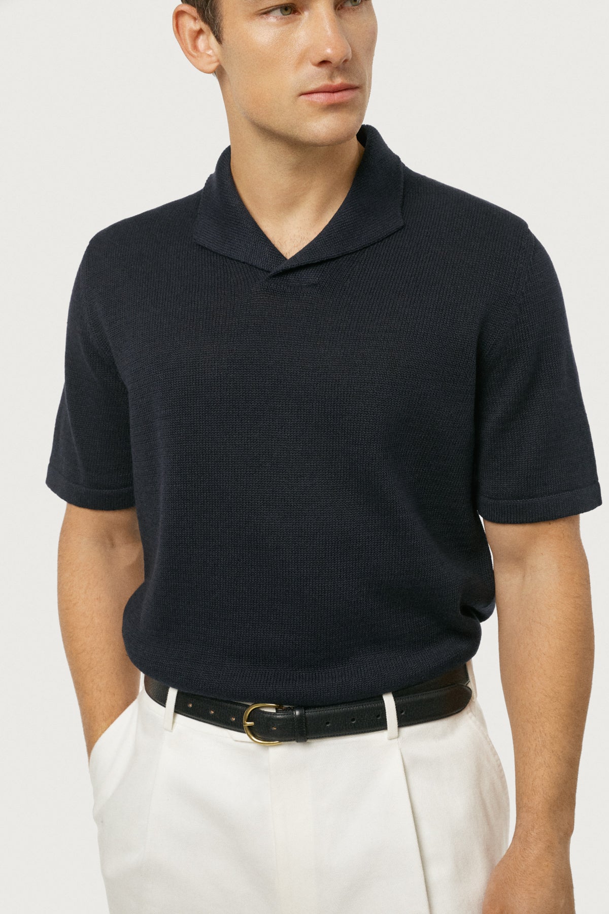 The Linen Cotton Shawl Collar Polo Navy Blue