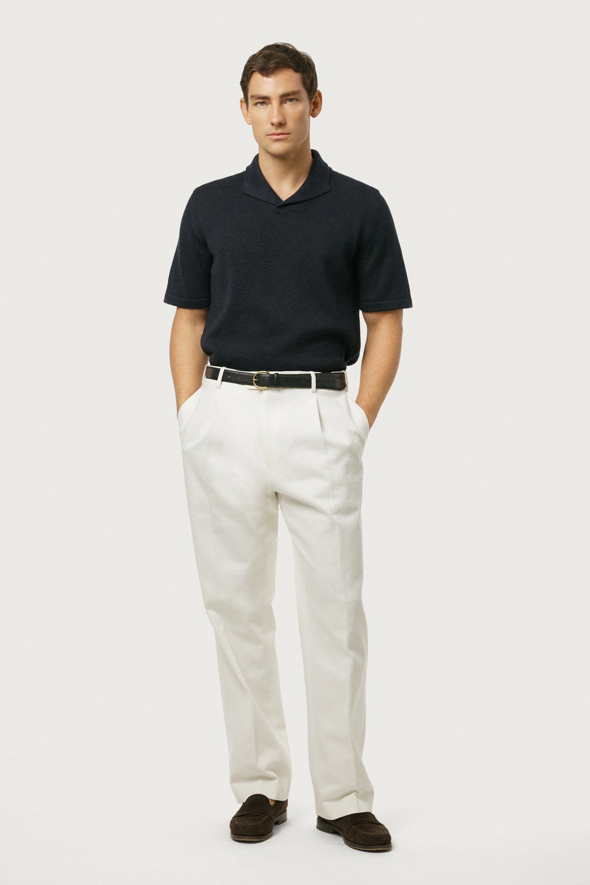 The Linen Cotton Shawl Collar Polo Navy Blue