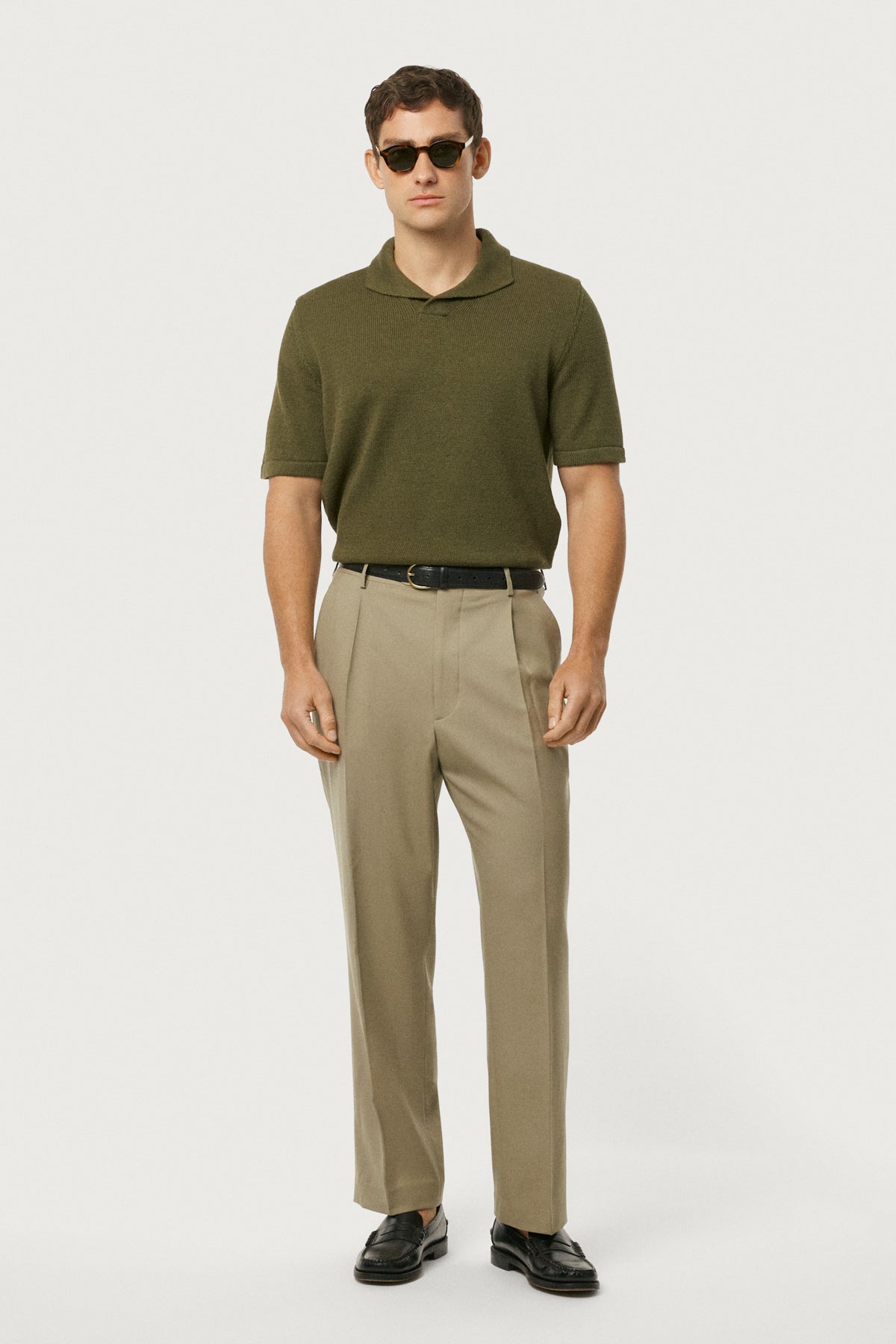 The Linen Cotton Shawl Collar Polo Olive Green