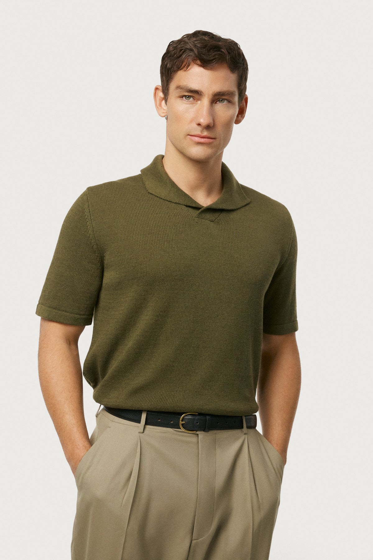 The Linen Cotton Shawl Collar Polo Olive Green