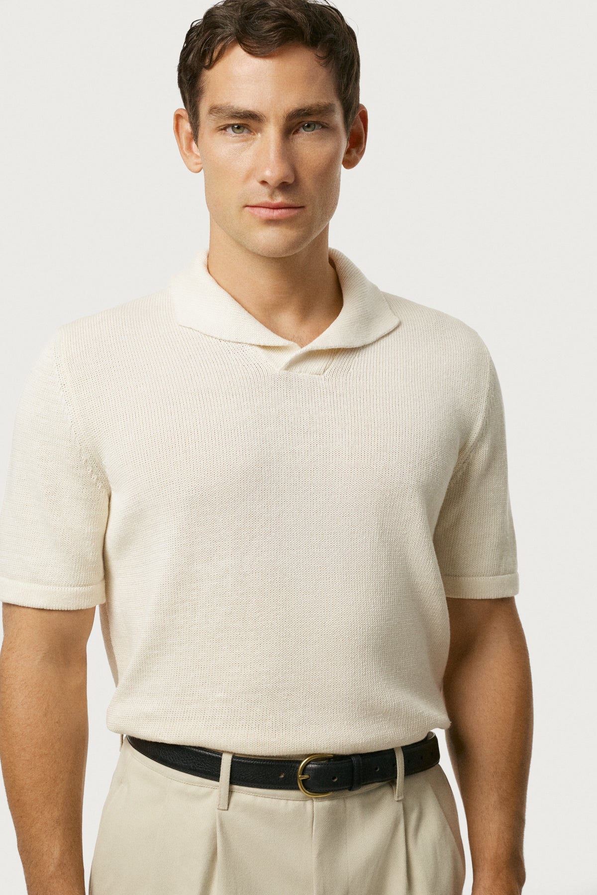 The Linen Cotton Shawl Collar Polo Milk White