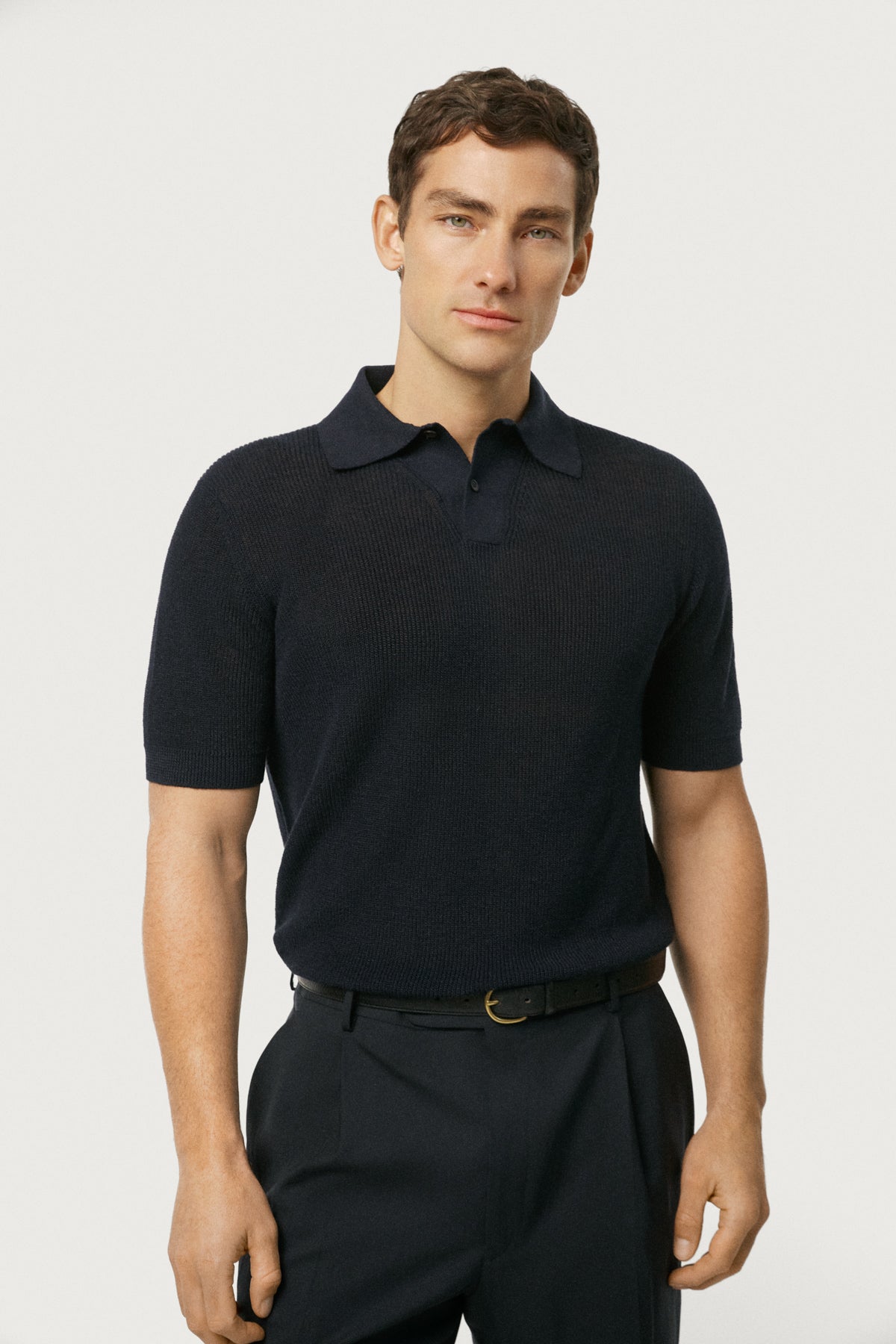 The Linen Cotton Polo With Trapeze Collar Navy Blue