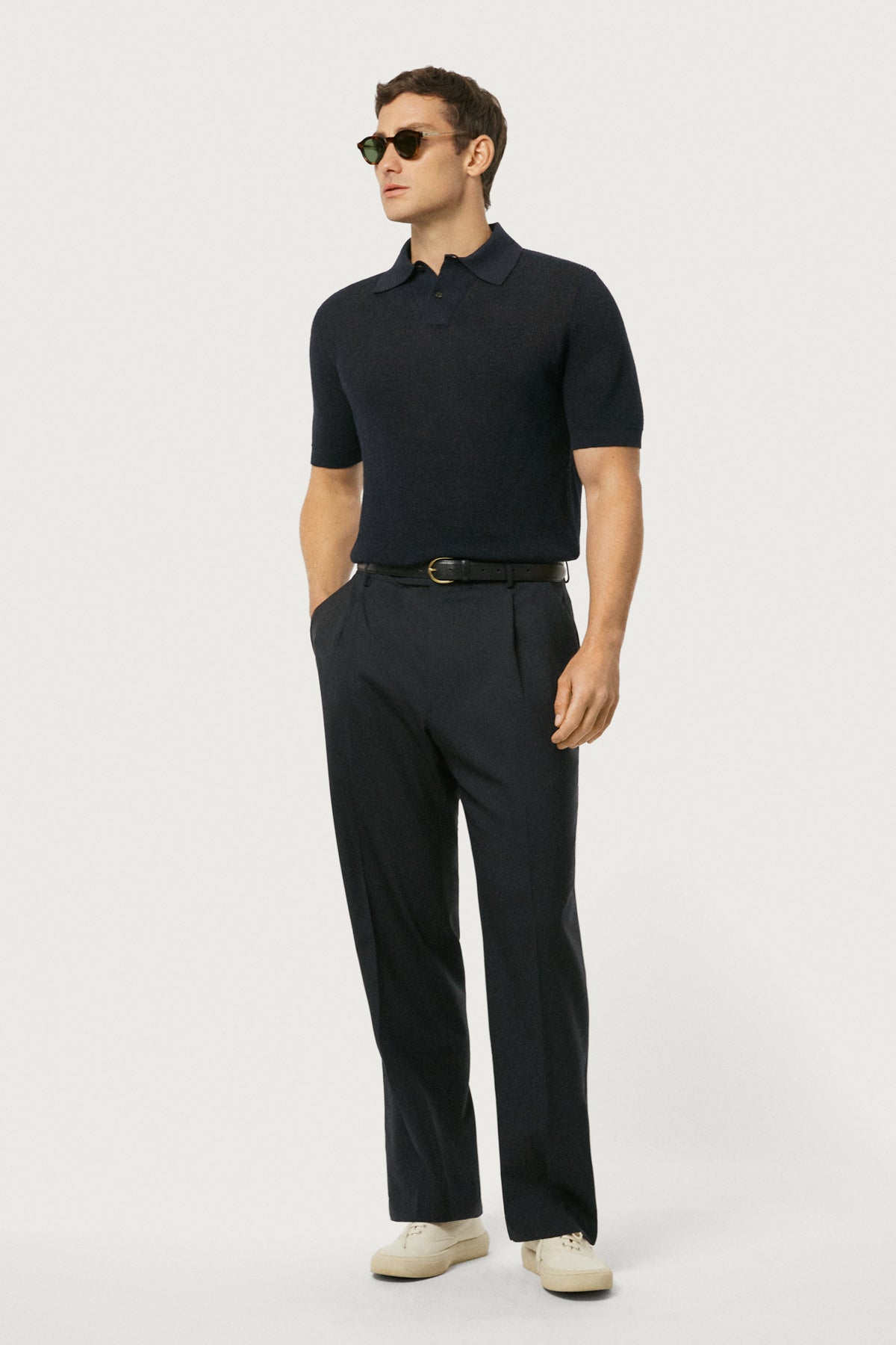 The Linen Cotton Polo With Trapeze Collar Navy Blue
