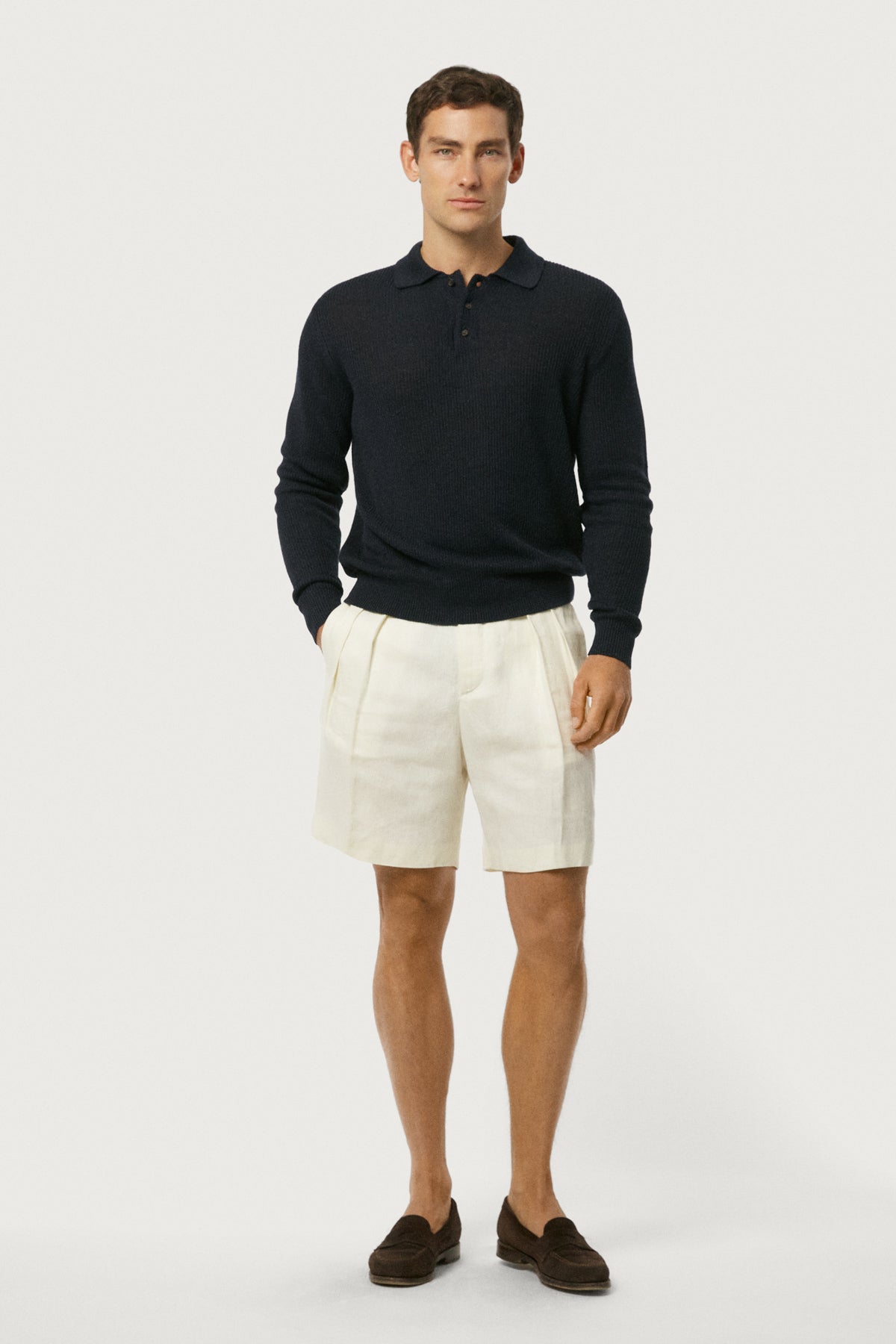 The Linen Cotton Rib-Knit Long Sleeve Polo Navy Blue