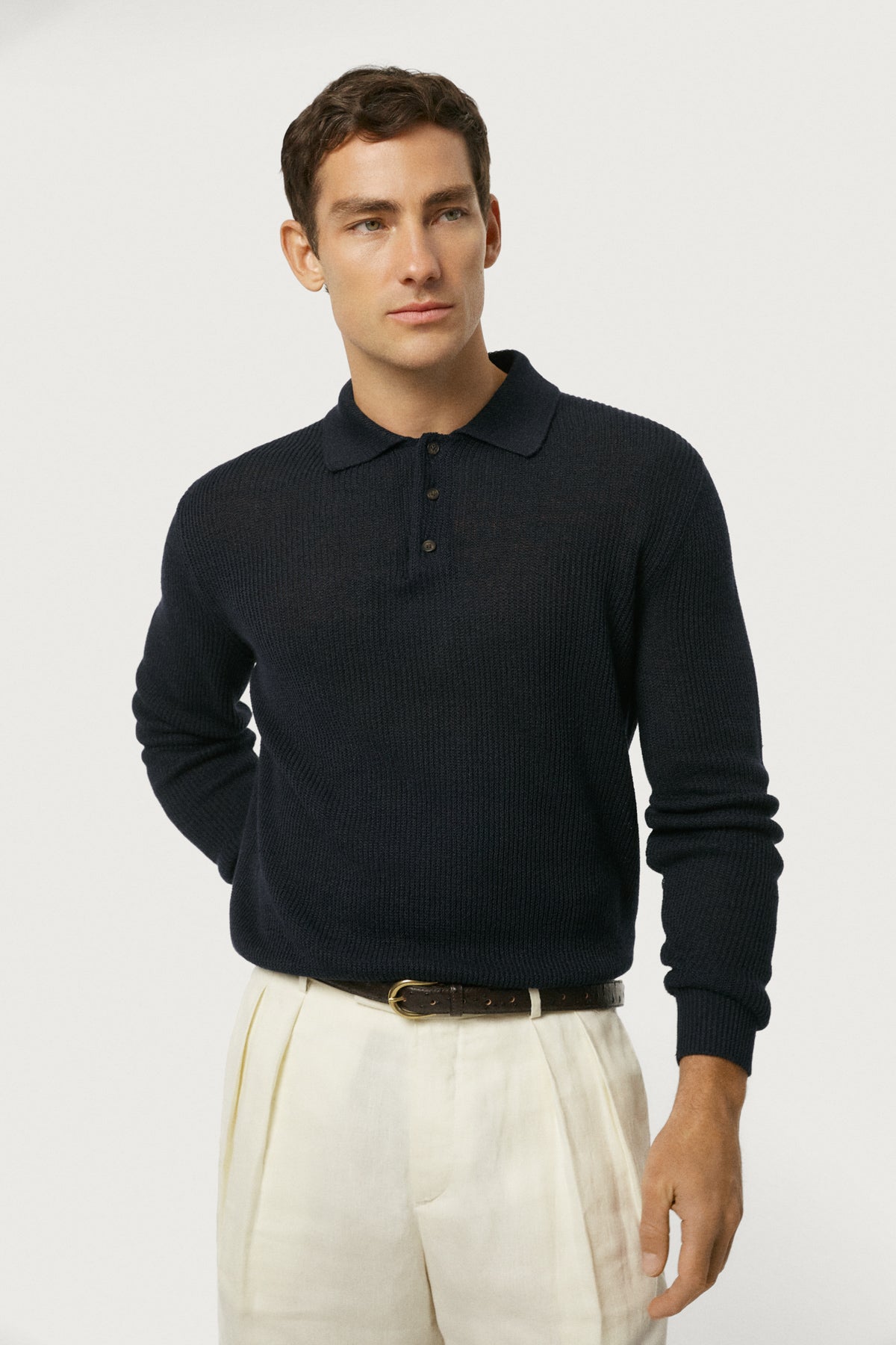 The Linen Cotton Rib-Knit Long Sleeve Polo Navy Blue