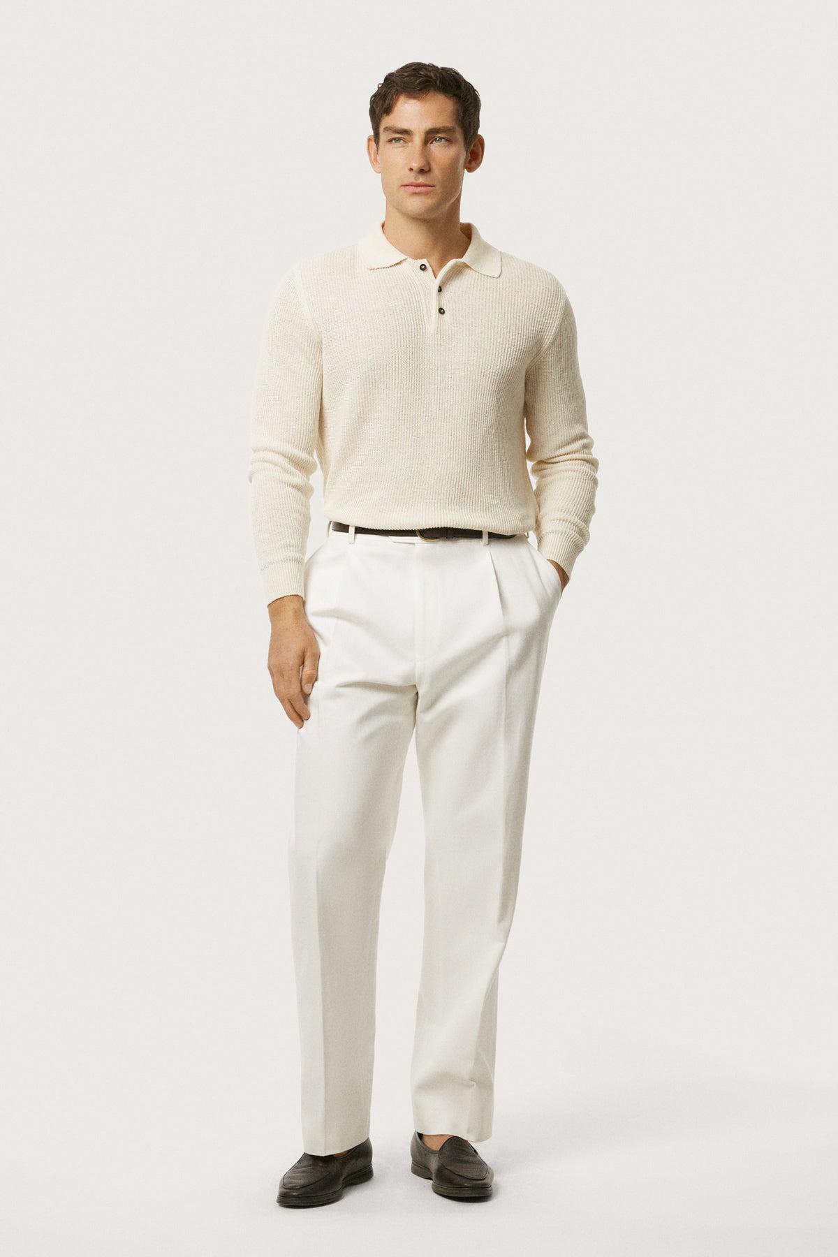 The Linen Cotton Rib-Knit Long Sleeve Polo Milk White
