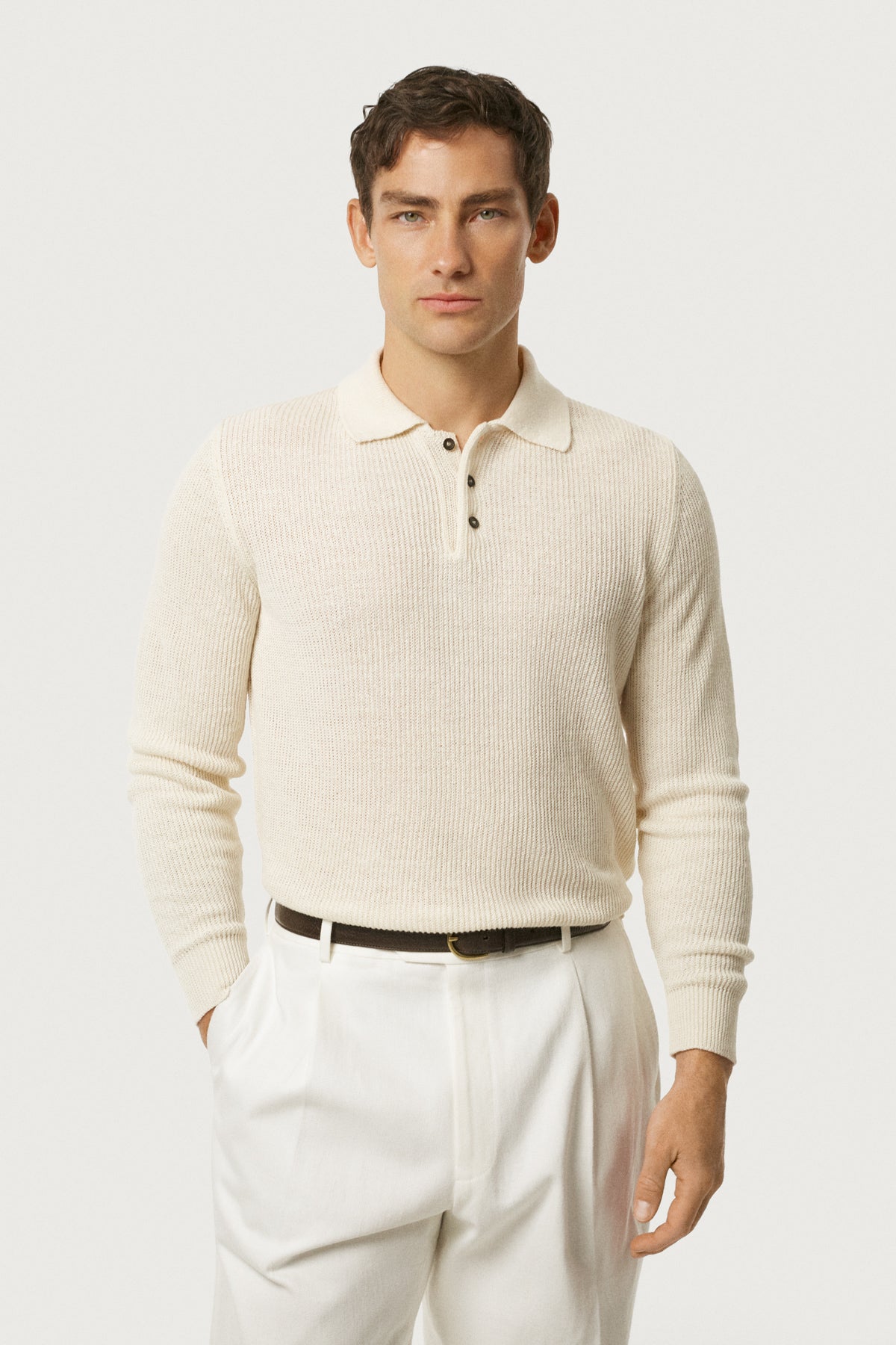 The Linen Cotton Rib-Knit Long Sleeve Polo Milk White