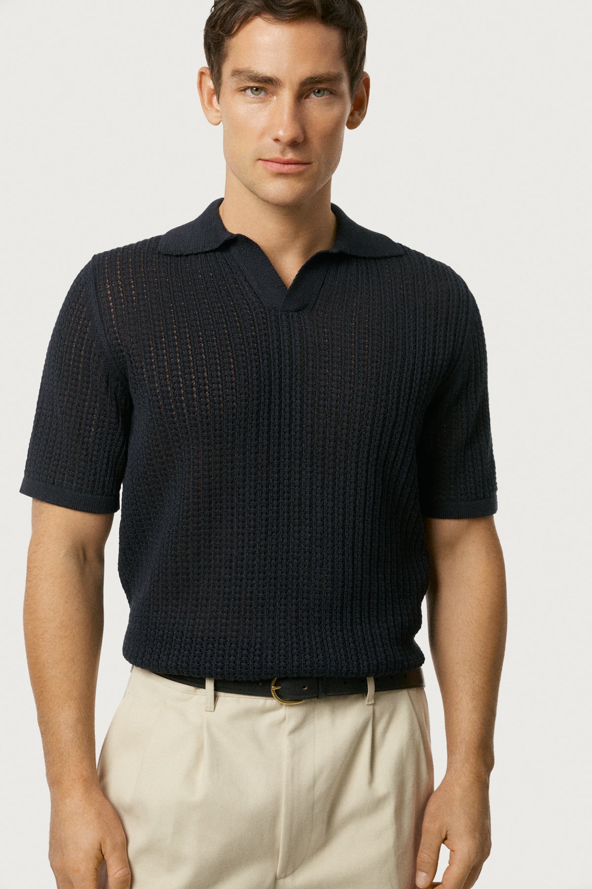 The Linen Cotton Garter Stitch Polo Navy Blue