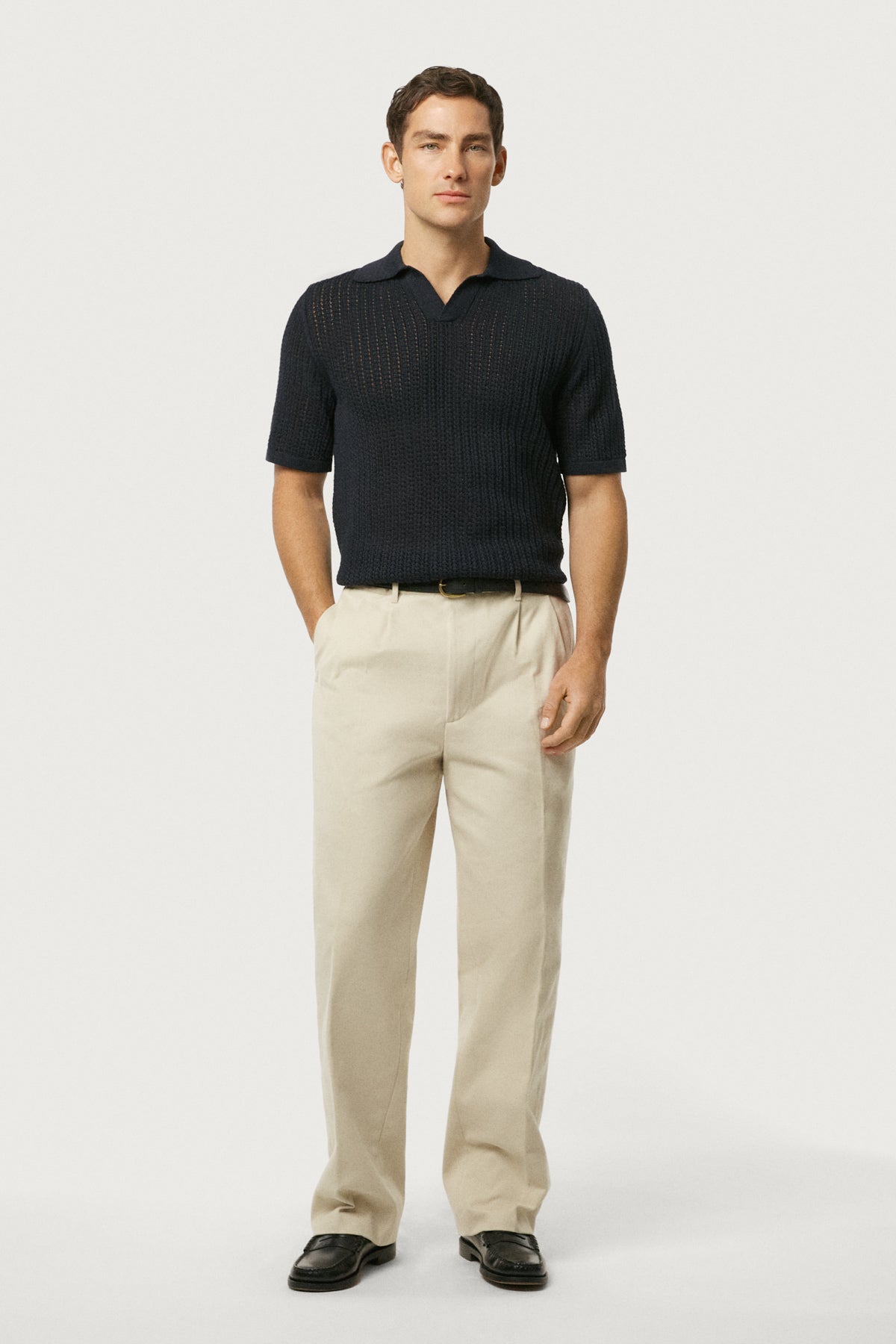The Linen Cotton Garter Stitch Polo Navy Blue