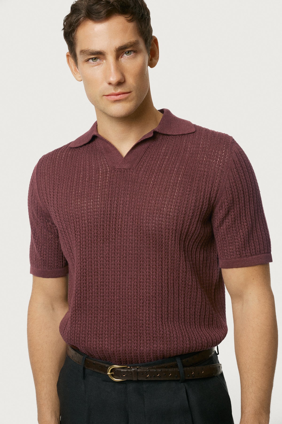 The Linen Cotton Garter Stitch Polo Mahogany