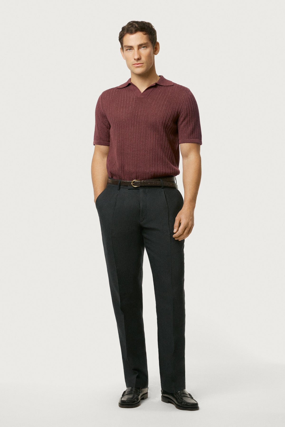 The Linen Cotton Garter Stitch Polo Mahogany