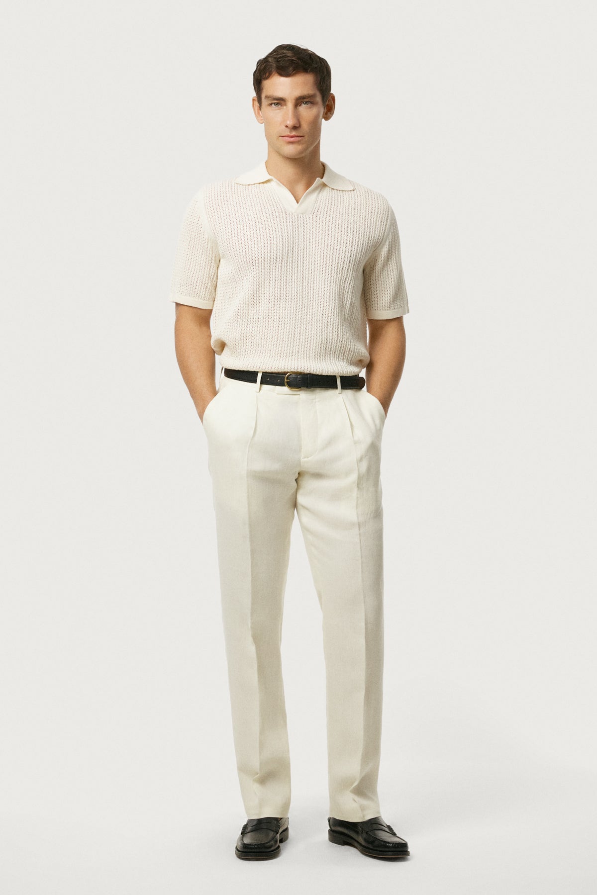The Linen Cotton Garter Stitch Polo Milk White