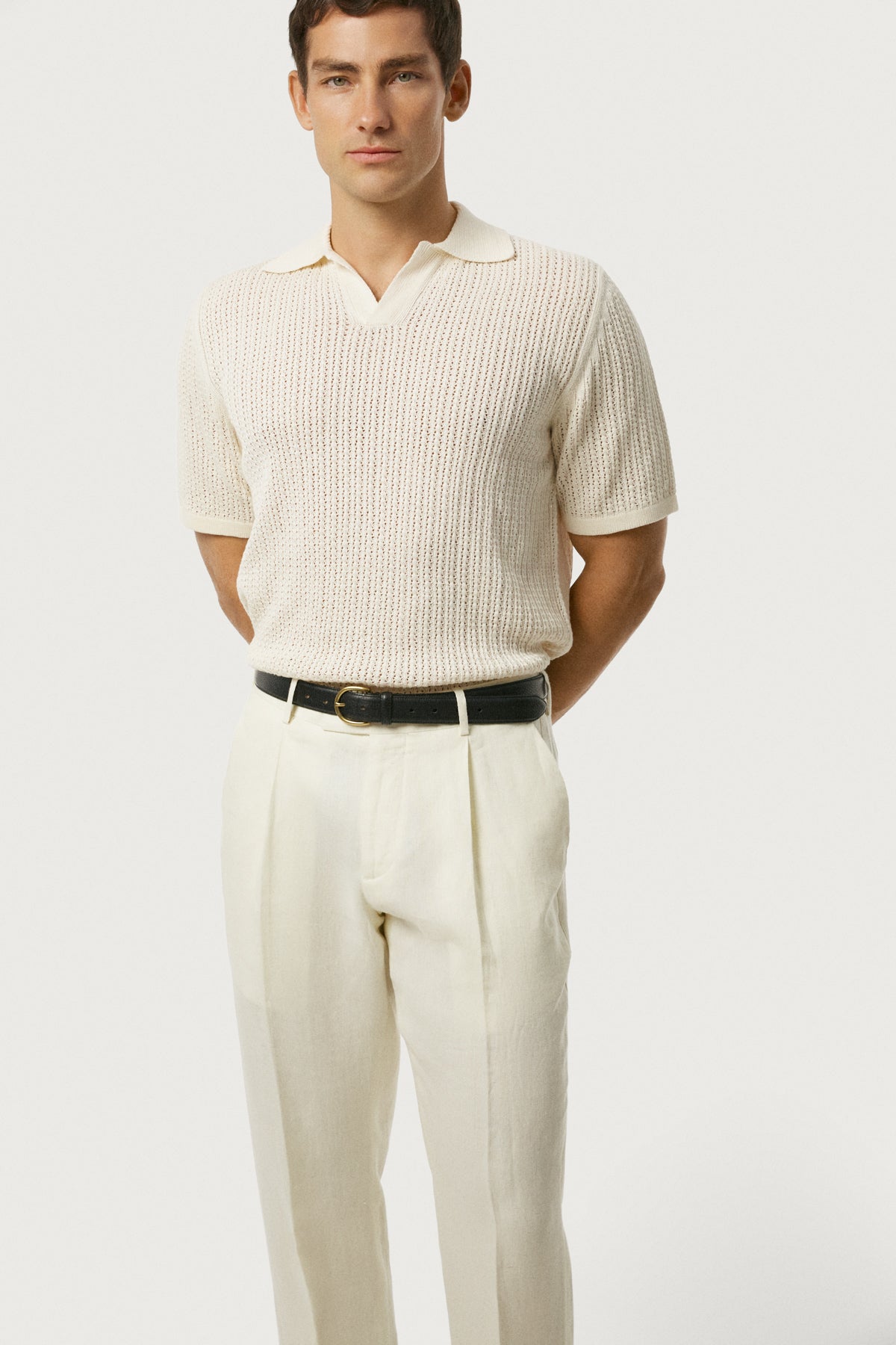 The Linen Cotton Garter Stitch Polo Milk White