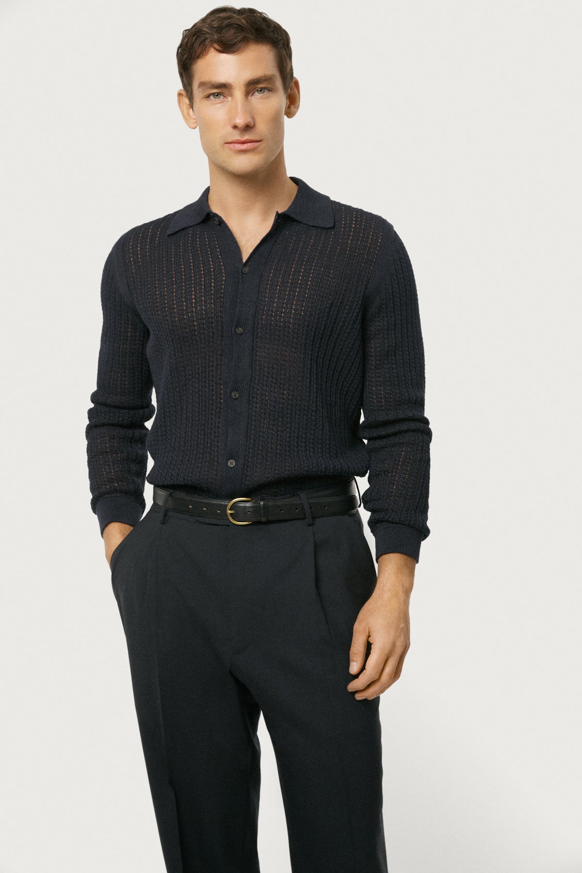 The Linen Cotton Garter Stitch Shirt Navy Blue