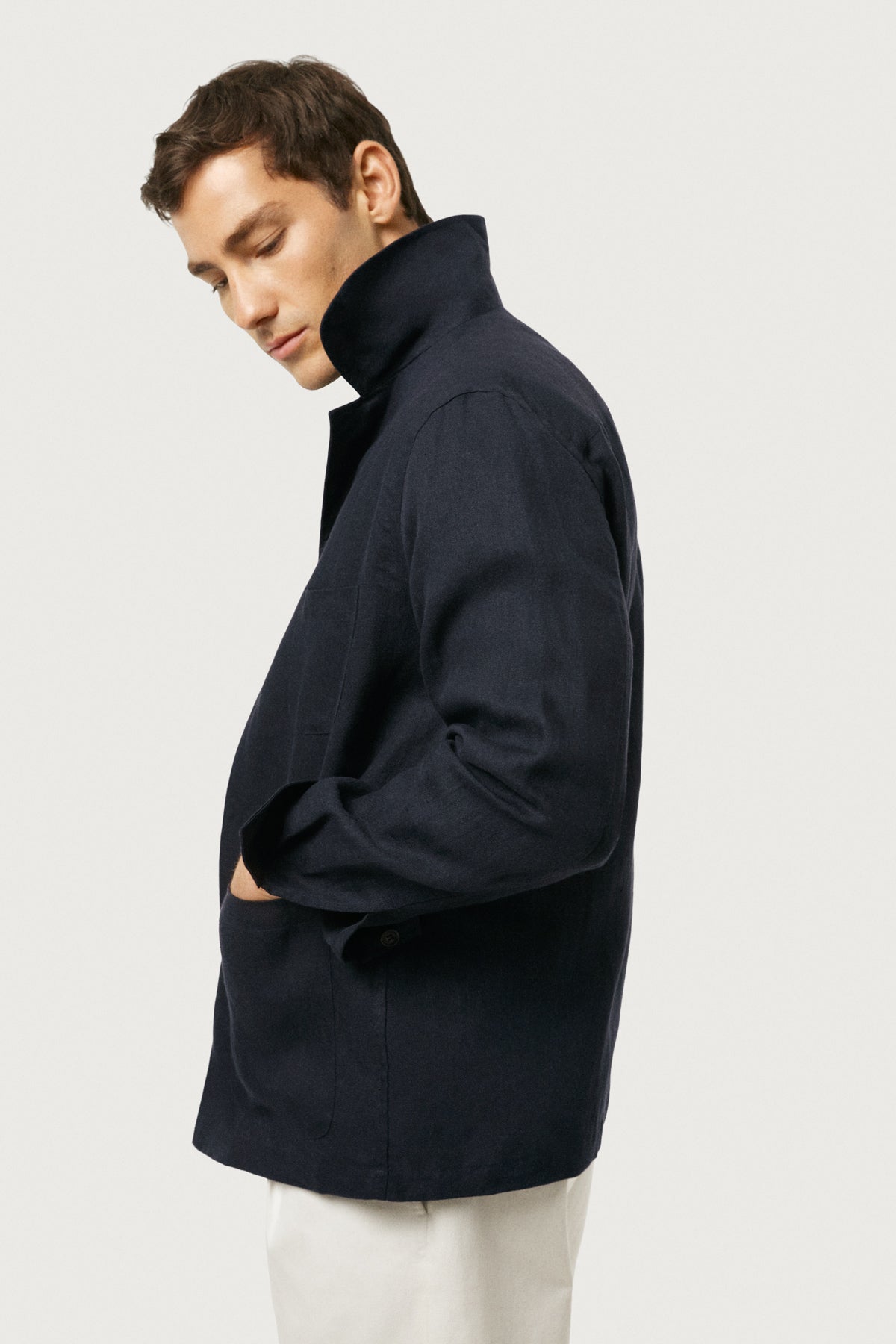 The Linen Twill Bowling Overshirt Black-Navy