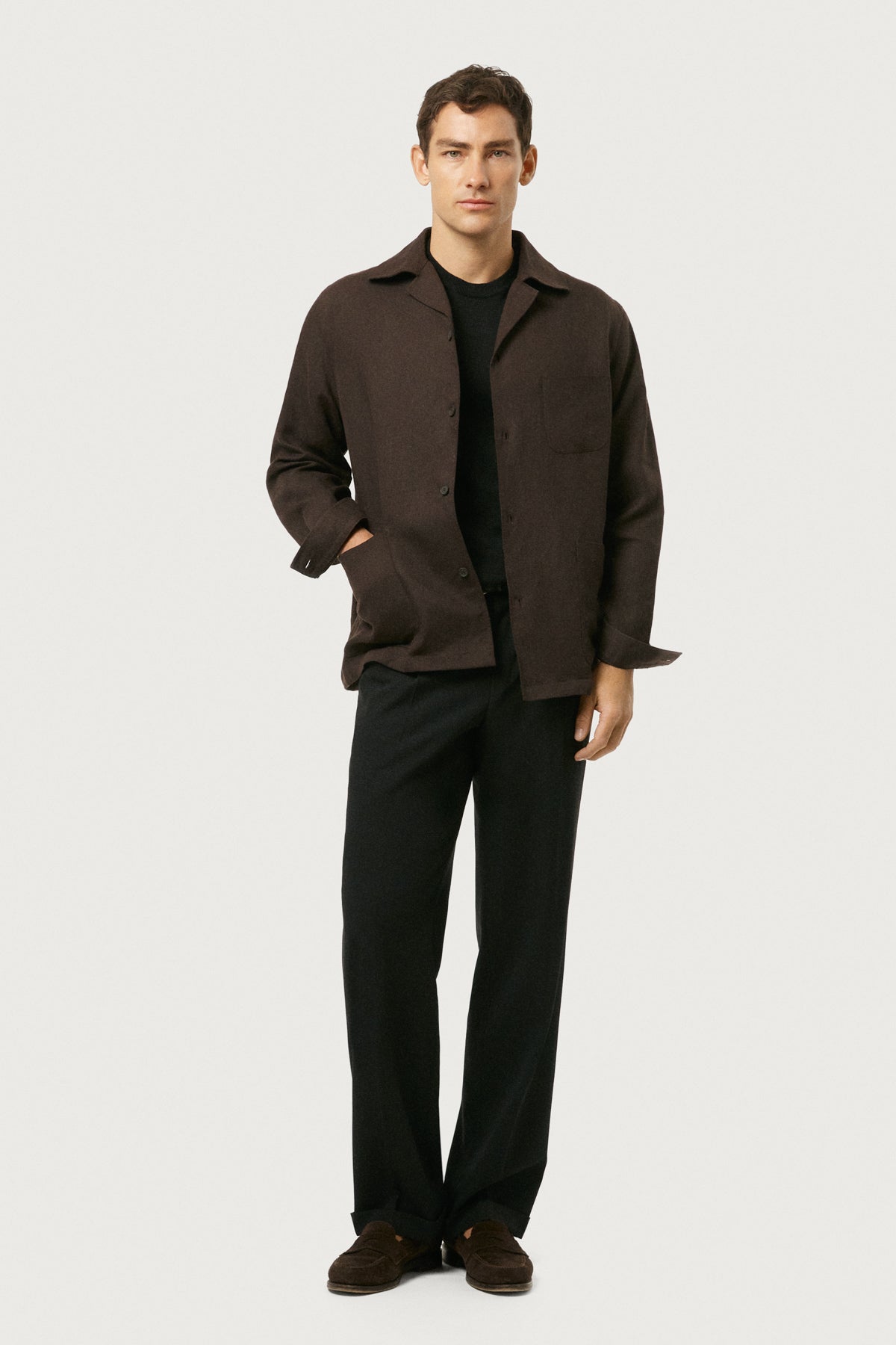 The Linen Twill Bowling Overshirt Cafe Noir