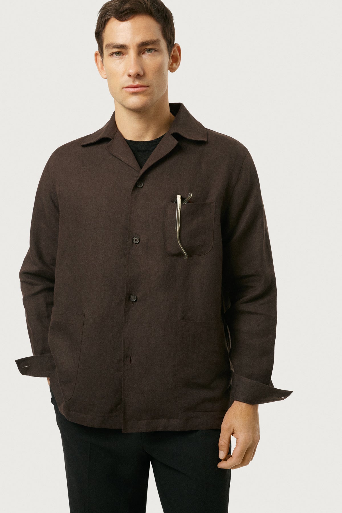 The Linen Twill Bowling Overshirt Cafe Noir