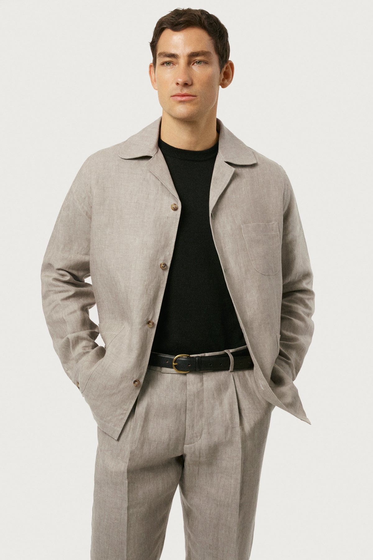 Overshirt con Collo Bowling in Twill di Lino