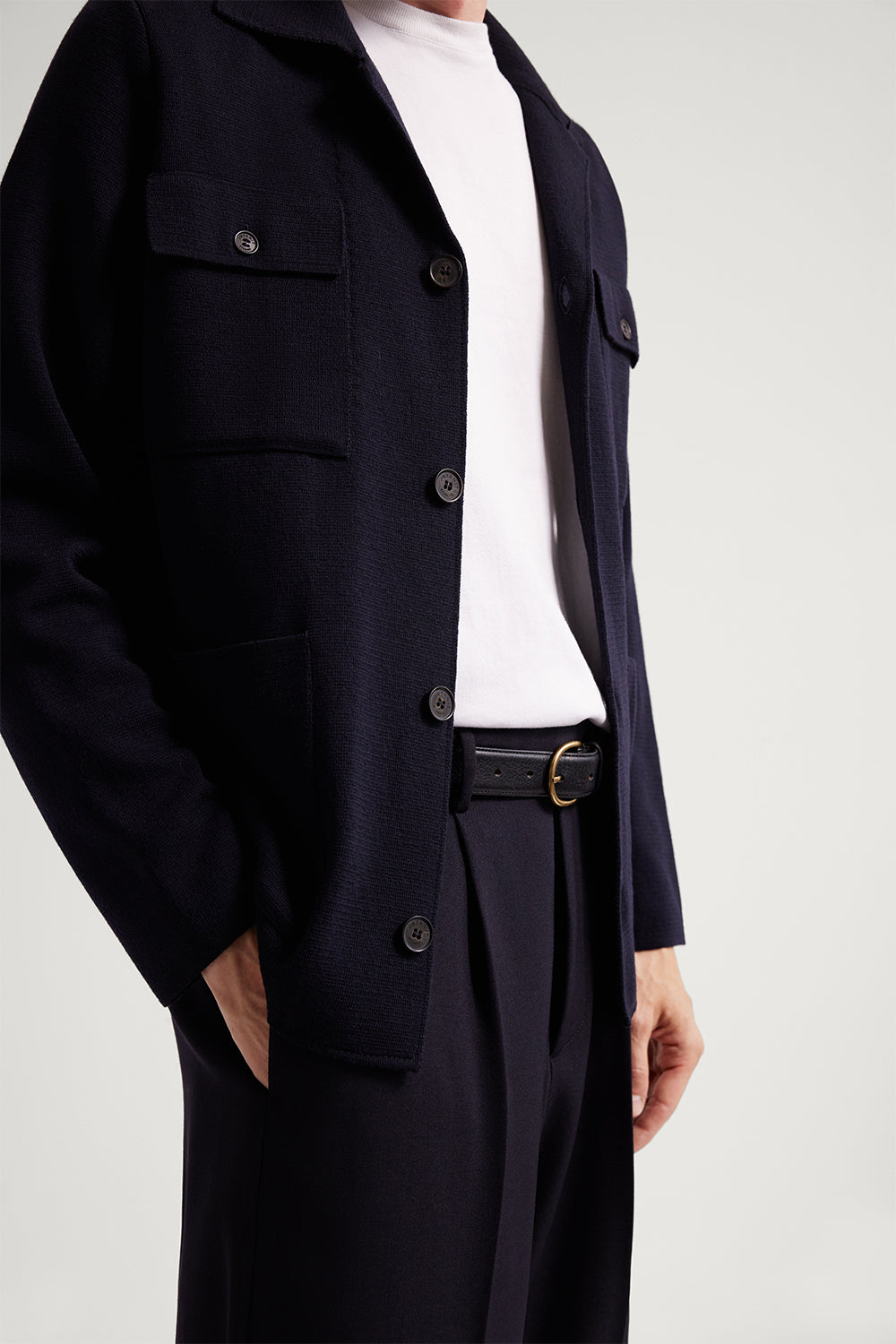 The Merino Wool Bowling Collar Jacket Oxford Blue