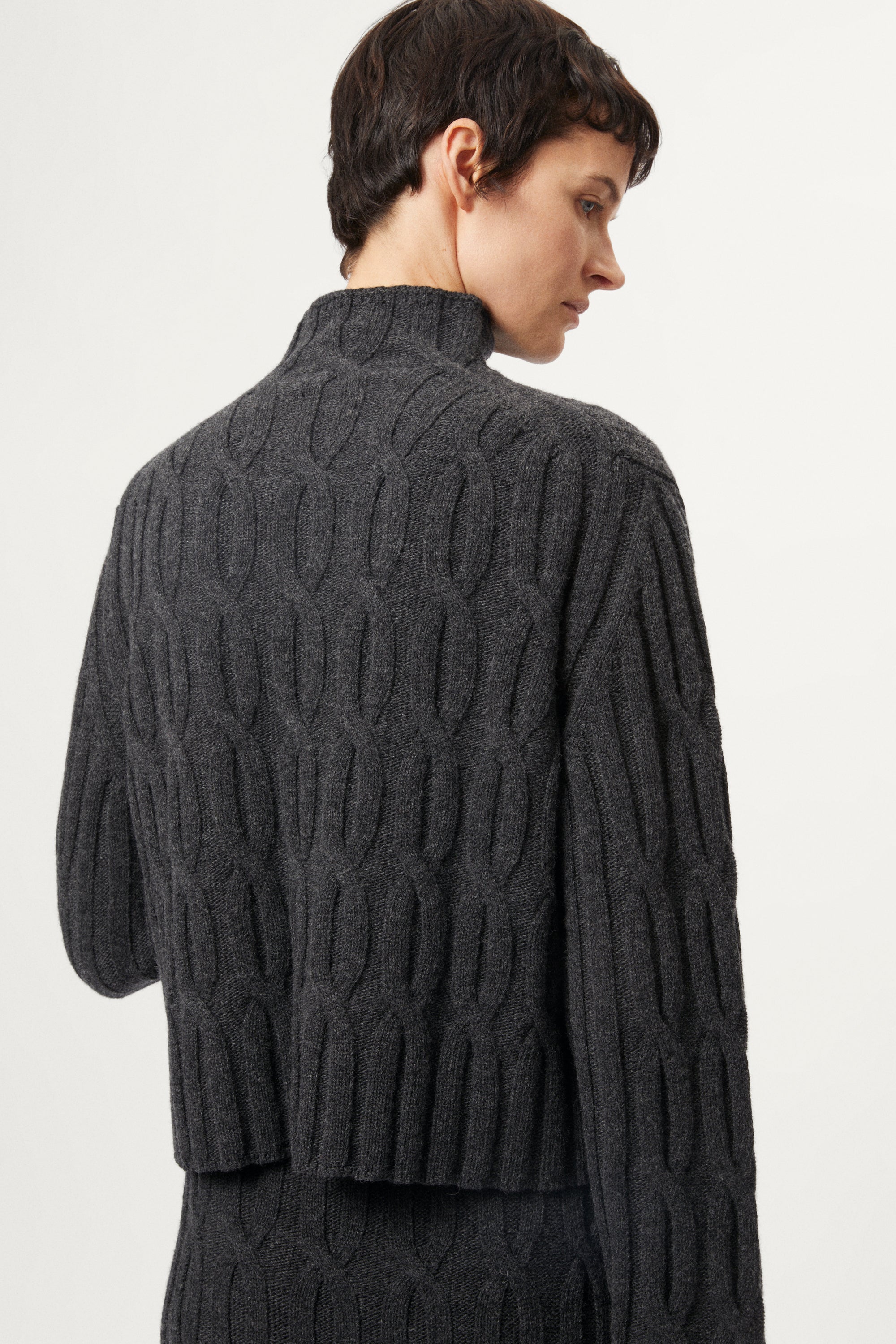 The Woolen Cable Knit Cropped High Neck - dark grey