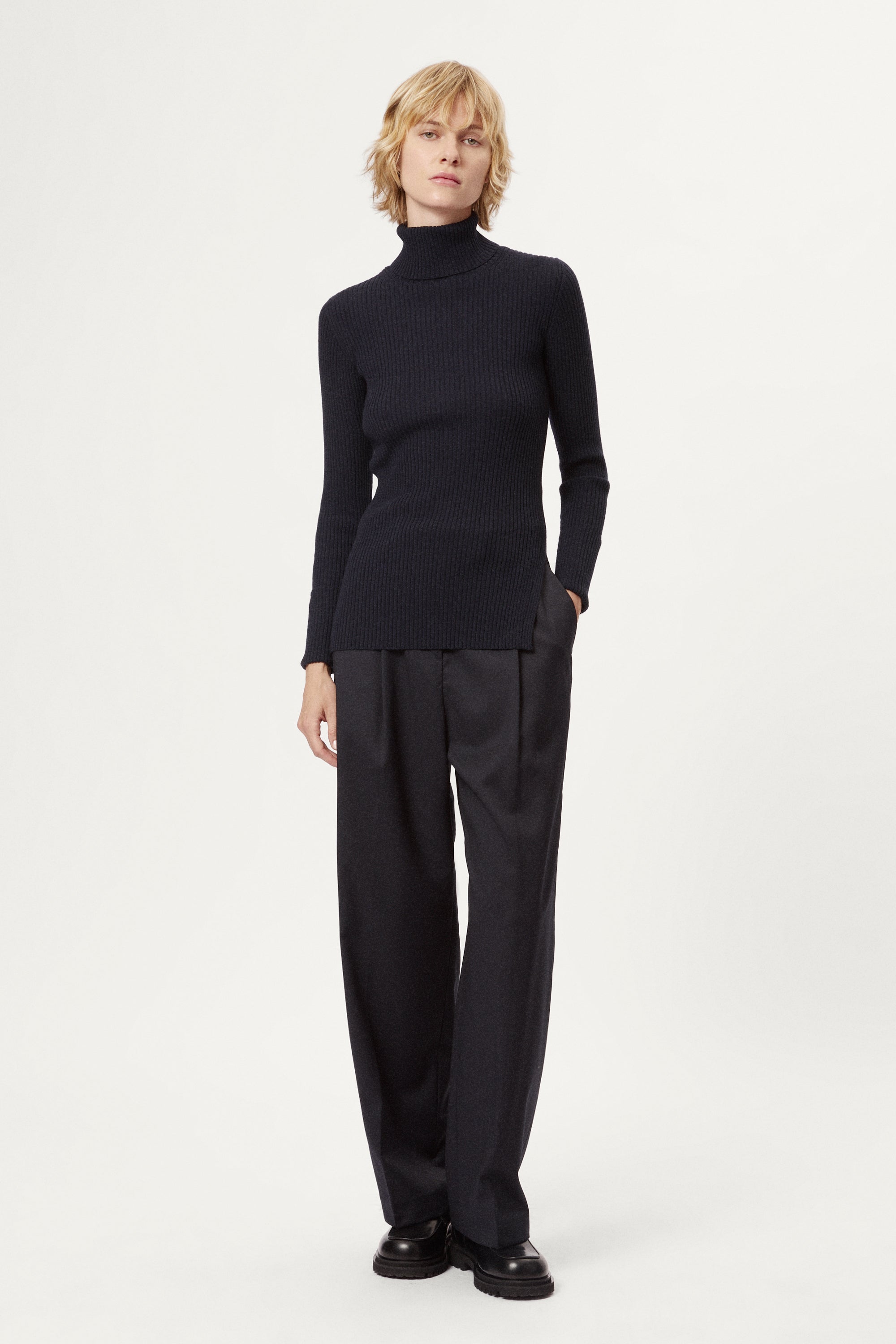 The Merino Wool Elevated Ribbed Roll Neck blue navy