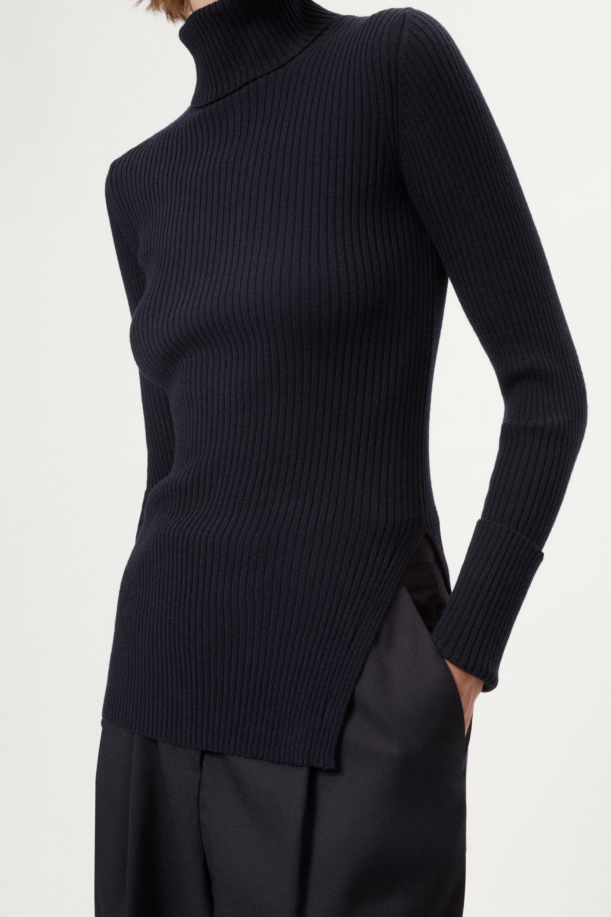 The Merino Wool Elevated Ribbed Roll Neck blue navy