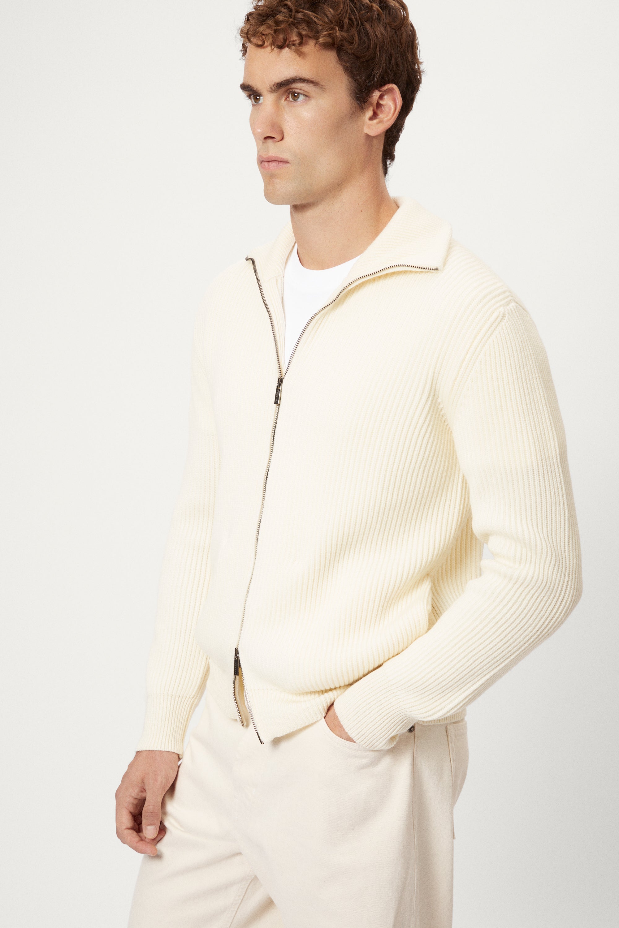 The Merino Wool Polo collar Zip Cardigan white