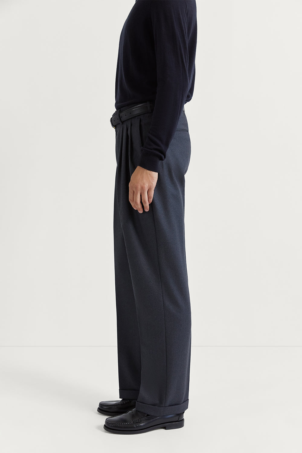 The Flannel Triple Pleat Trousers Anthracite Melange