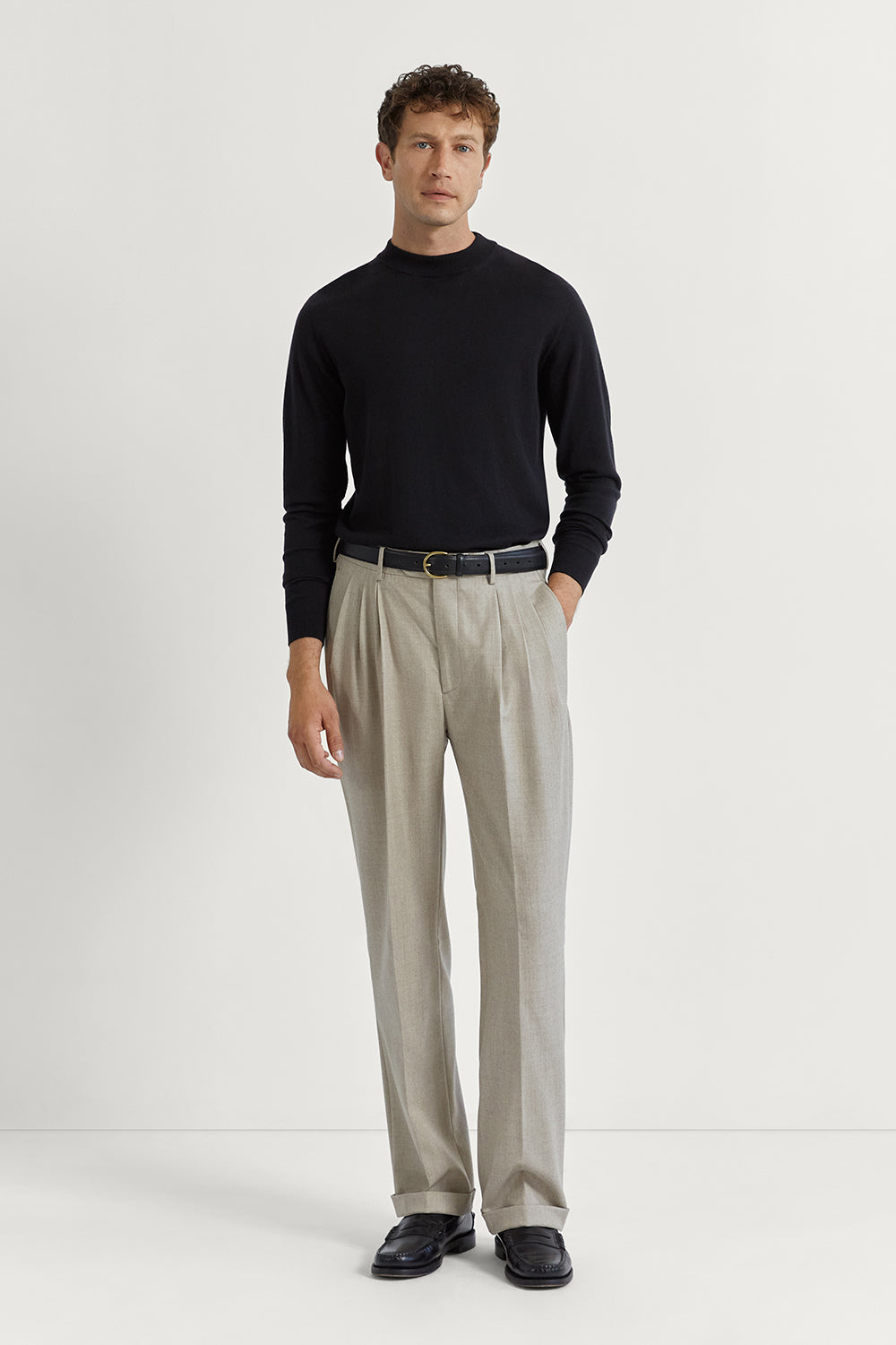 The Flannel Triple Pleat Trousers Oat Melange