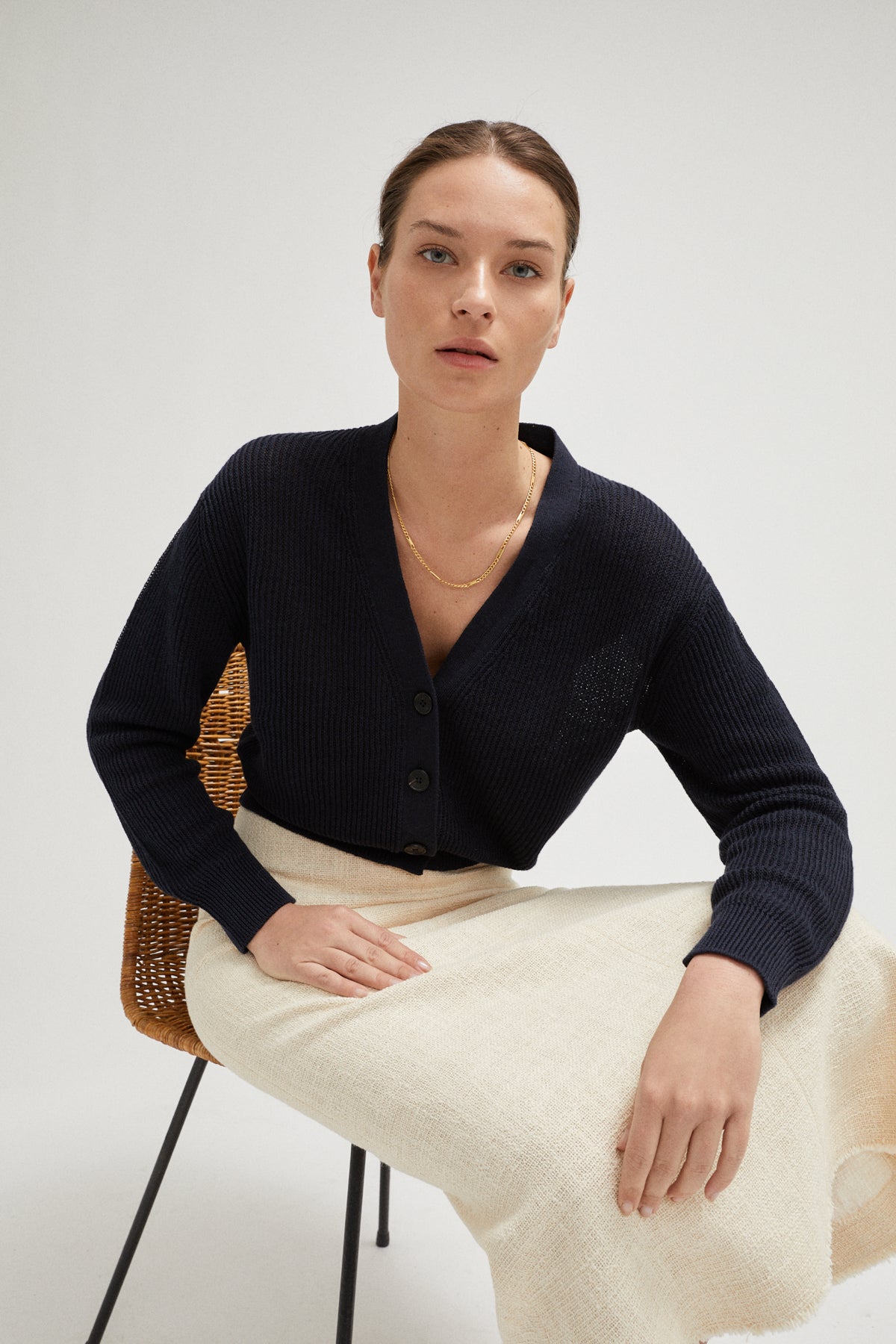 the linen cotton ribbed cropped cardigan blue navy