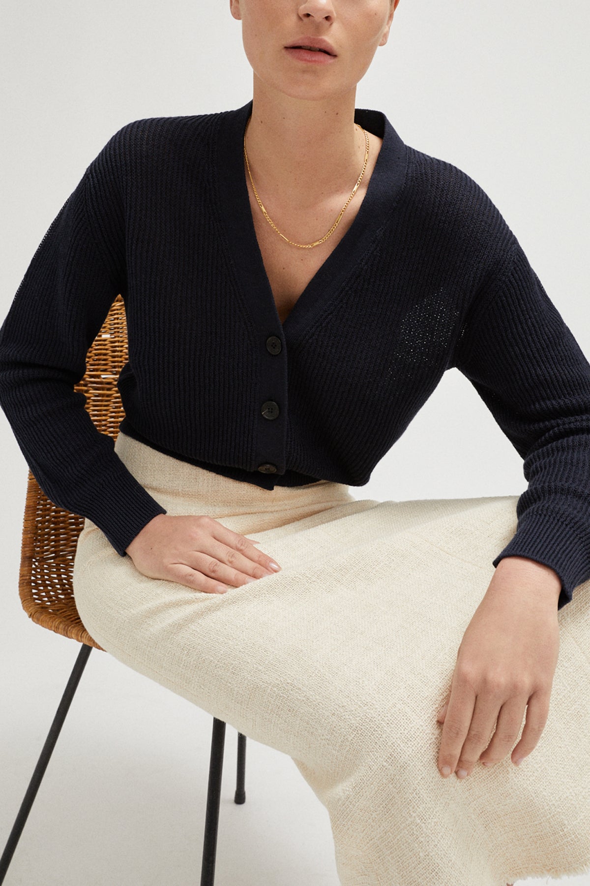 the linen cotton ribbed cropped cardigan blue navy