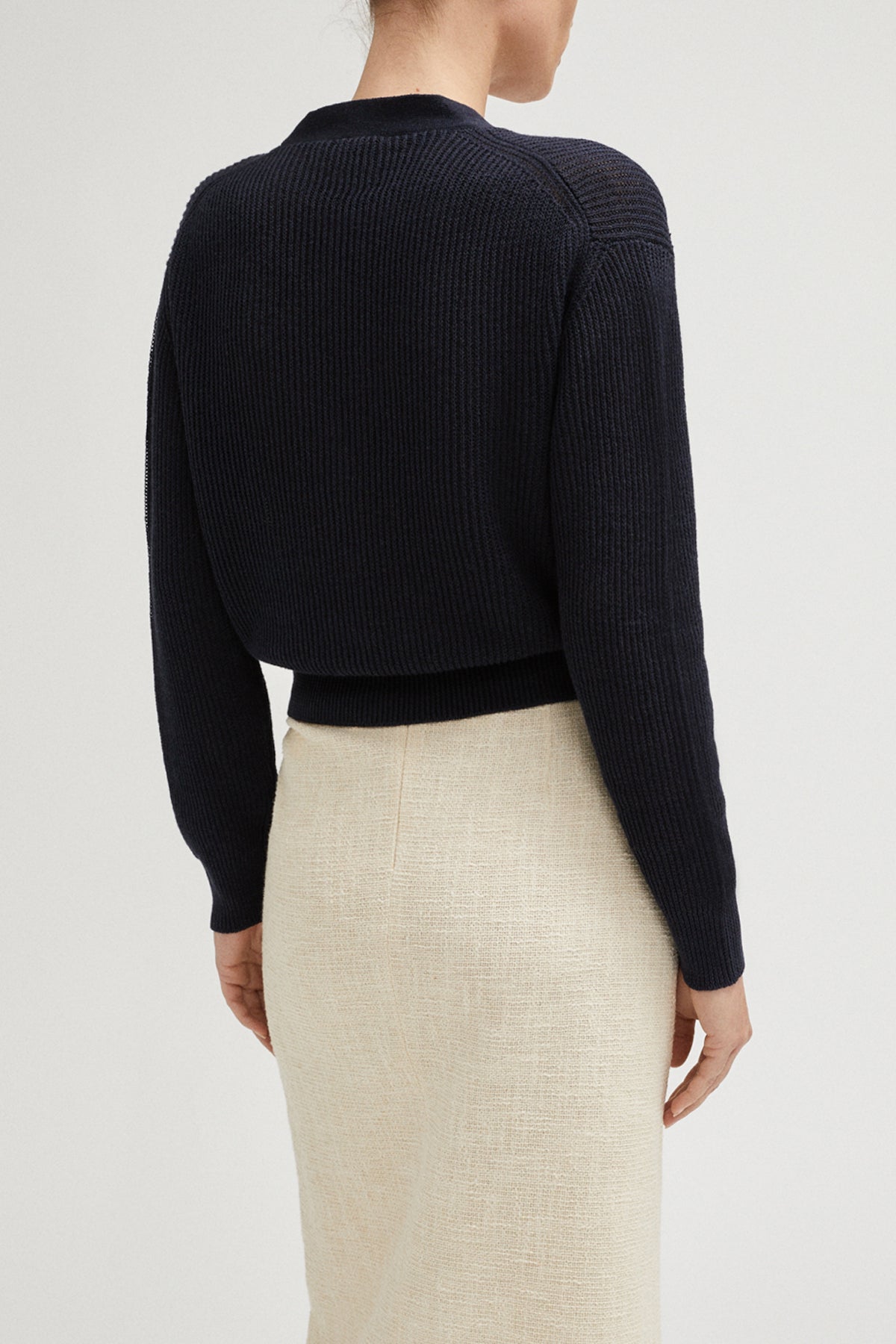 the linen cotton ribbed cropped cardigan blue navy